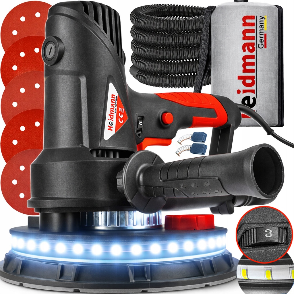 Szlifierka do Gipsu Gładzi Tynków Tynku Ścian Sufitów Led 360° 190mm 1800W