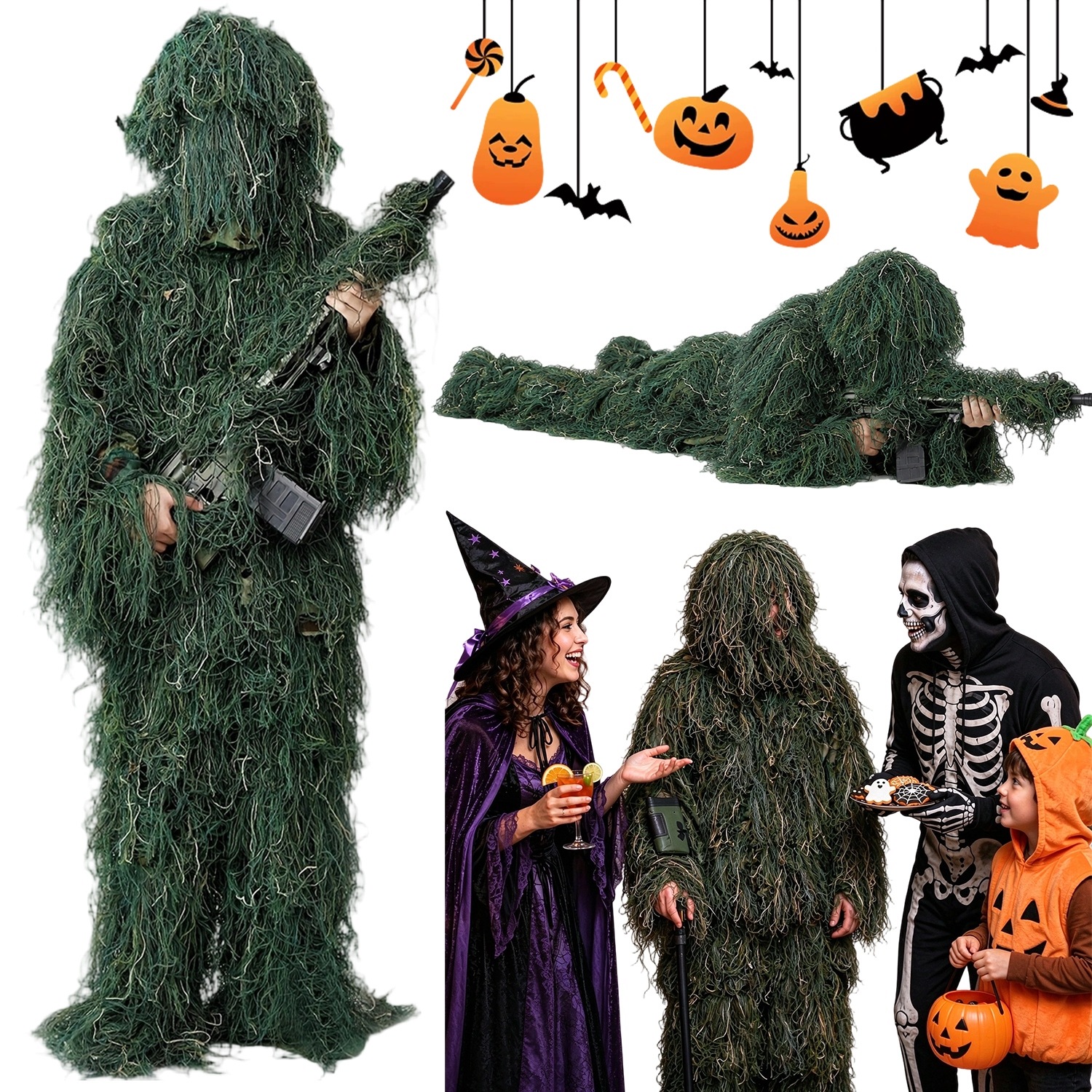 Maskáčový kostým ghillie pro airsoftové lovy s maskou a taškou 155-185 cm