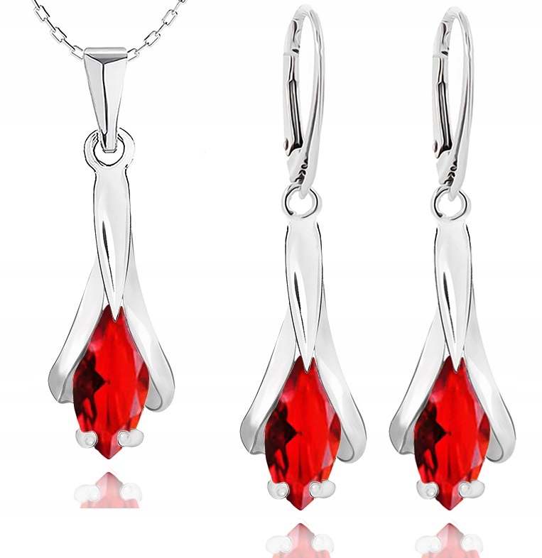 

Srebrny Komplet Biżuterii Z Czerwonymi Cyrkoniami