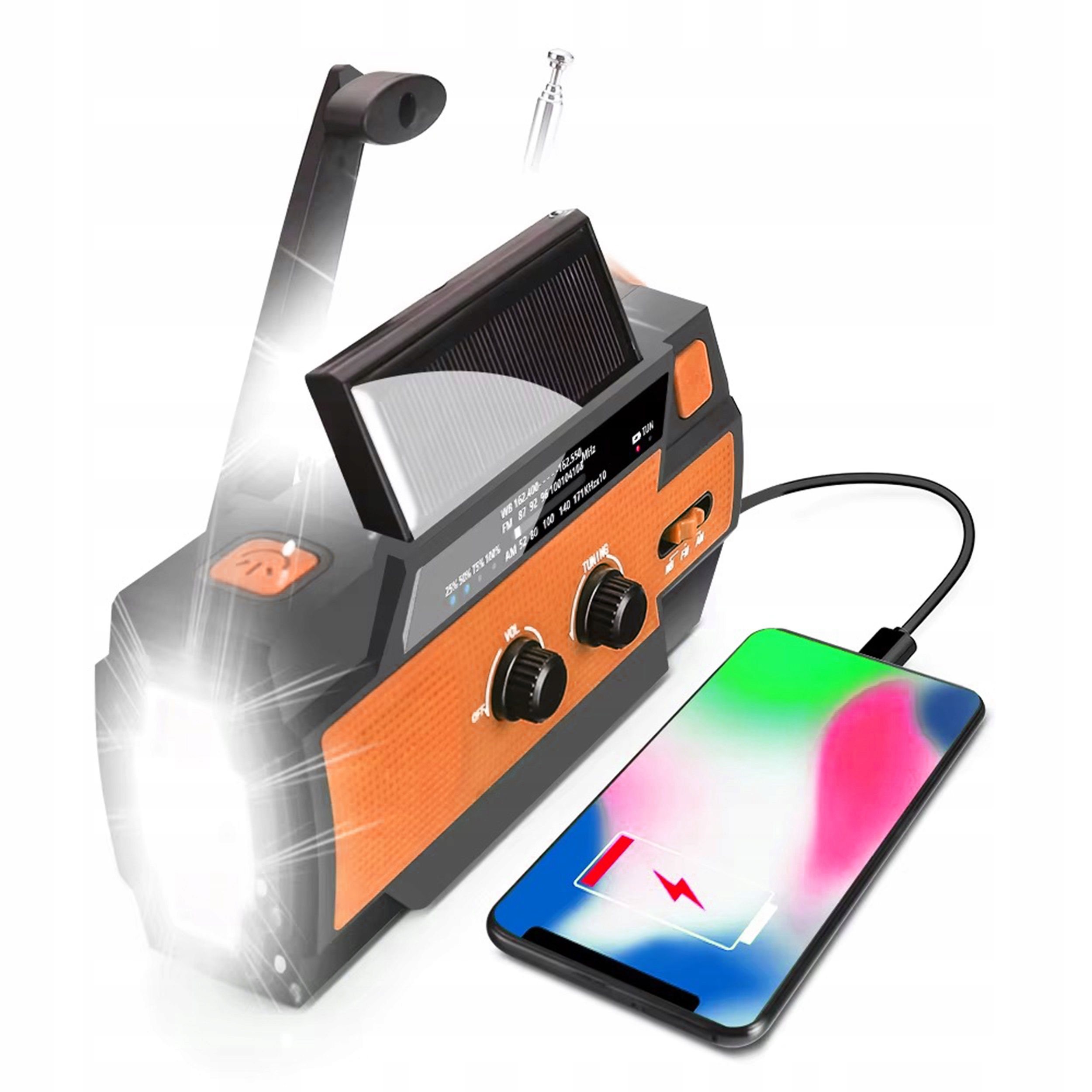 RADIO PRZENOŚNE SOLARNE KORBKA ALARM DYNAMO AWARYJNE LATARKA POWERBANK 4000 Kod producenta RADIO BUDOWLANE KUCHENNE USB FM AM 5