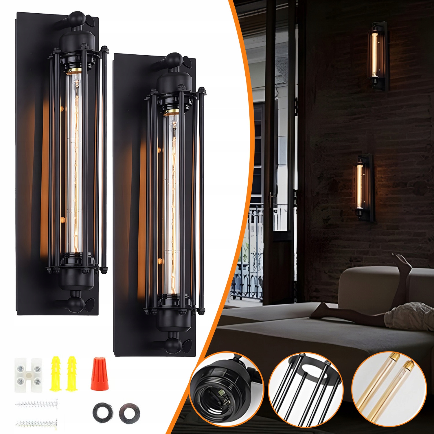 2ks Nástěnné svítidlo Retro černé Loft retro Lampa bílá teplá E27