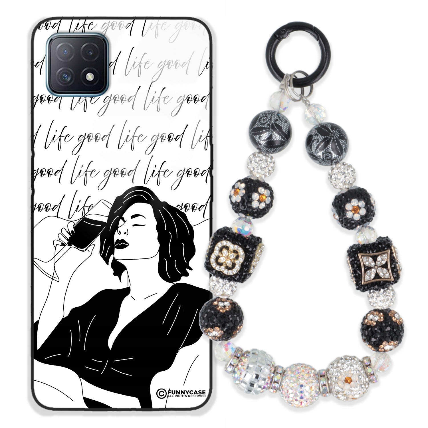 Puzdro Na Oppo A72 5G Sklo Ženské Čierno-biele Kľúčenka Strieborné Zirkóny