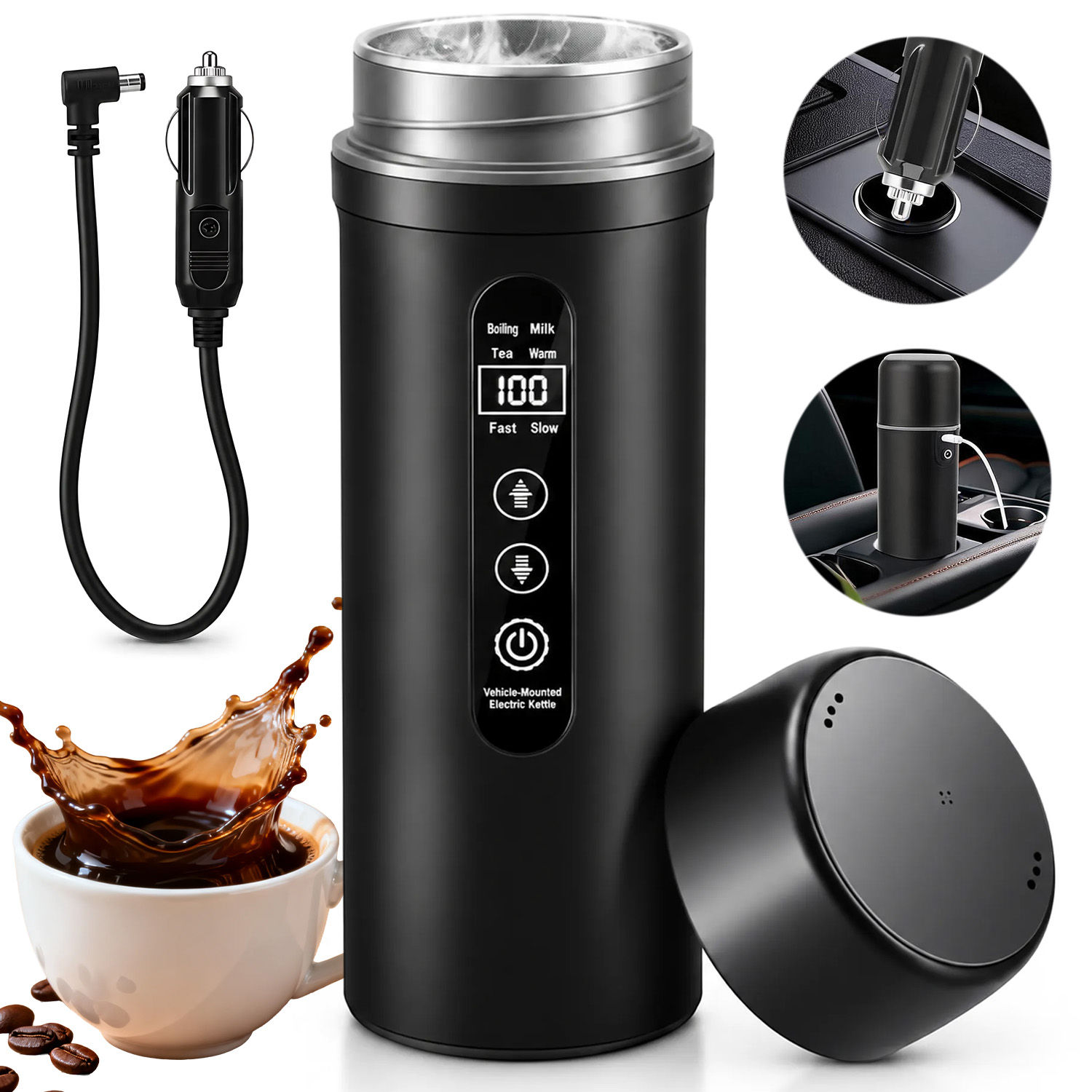 500ML Přenosný Vyhřívaný Termohrnek Na Kávu Do Auta, Stříbrný