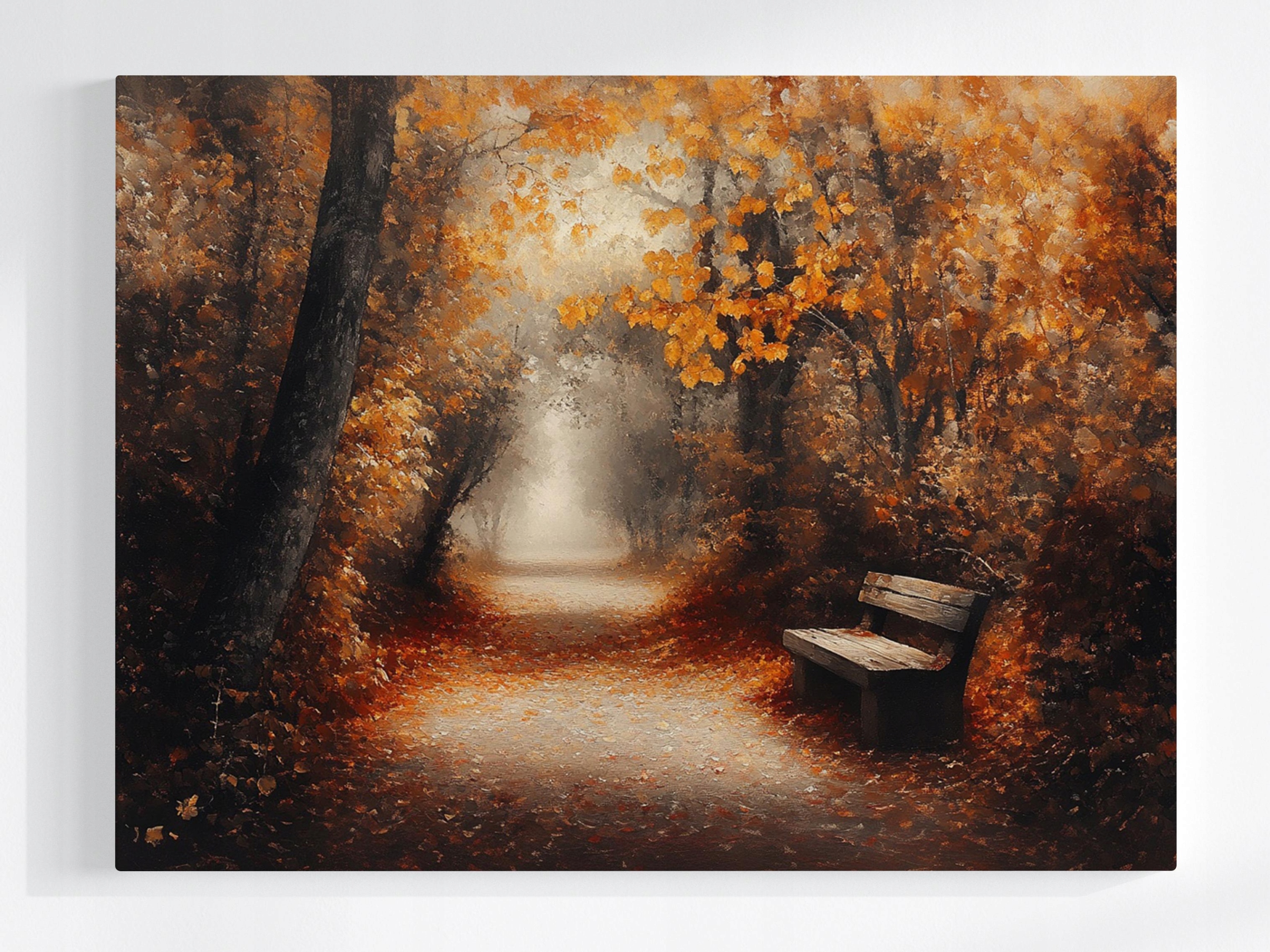 Obraz Na Plátně Canvas Krajina Park Alejka Lavička Podzim Stromy Mlha 80x60