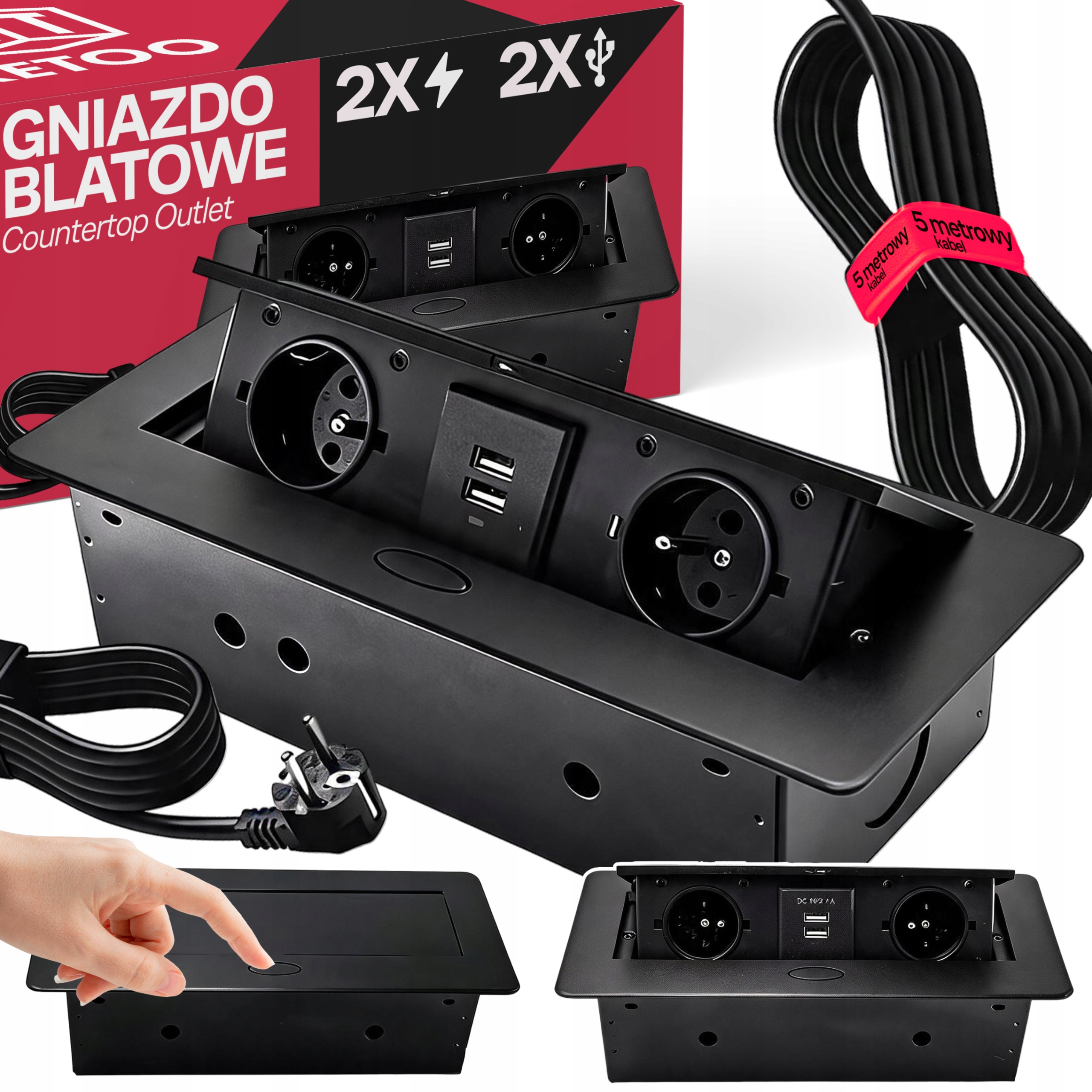 Zásuvka Do Kuchyňské Desky Dvojitá 2x230V+2x Usb Černá 2.1A