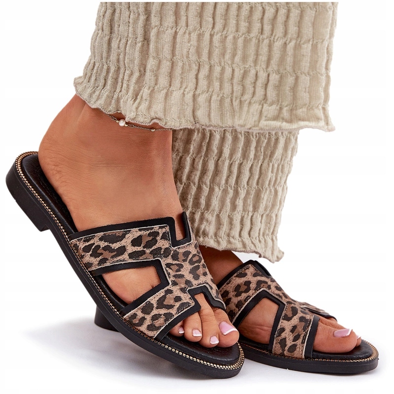 Nazouváky Z Přírodní Kůže Plochý Podpatek Panterka Zazoo 40383 Černé 40