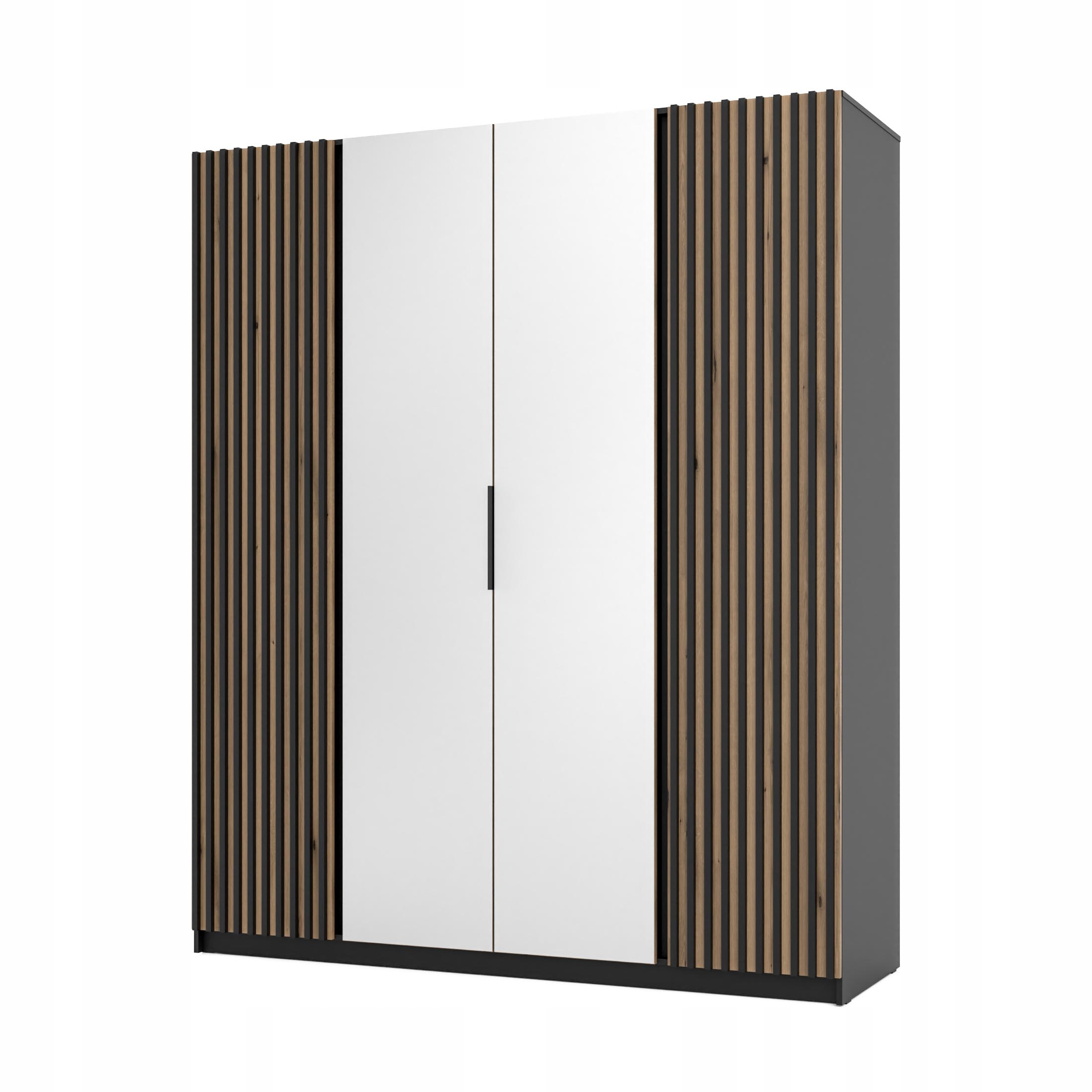 Skříň do ložnice 4-dveřová se zrcadlem a lamelami Dravero Bl/ev-bl 2LAM 2L