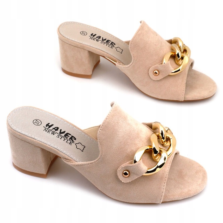 

Klapki damskie beżowe zamszowe na obcasie słupku