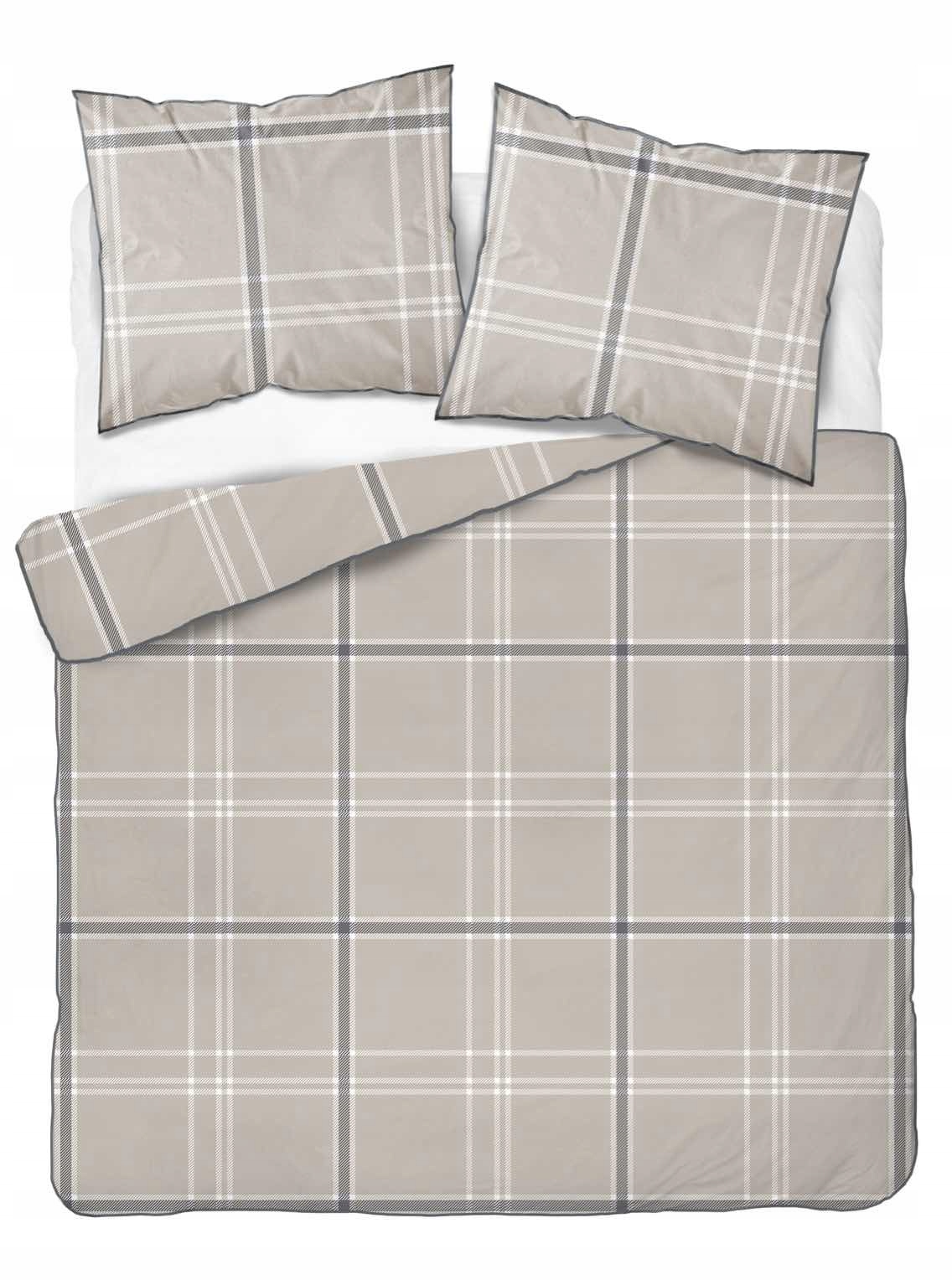 Pościel Bawełniana z Perkalu z Lamówką 220x200 Lame Percale Kratka Beżowa