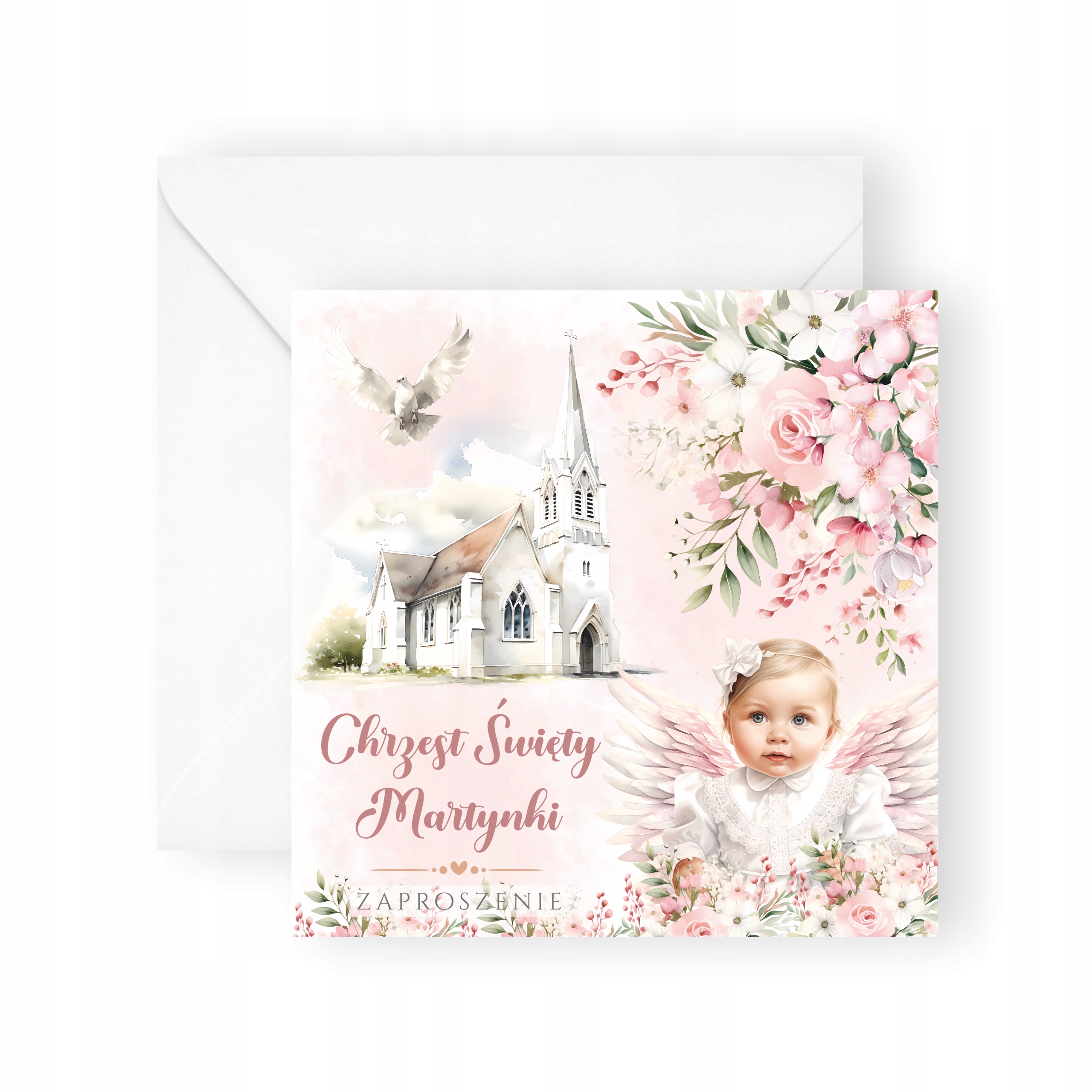 ZAPROSZENIA NA CHRZEST DLA DZIEWCZYNKI + IMIĘ + KOPERTA ANIOŁEK DZIDZIUŚ Wysokość produktu 14 cm