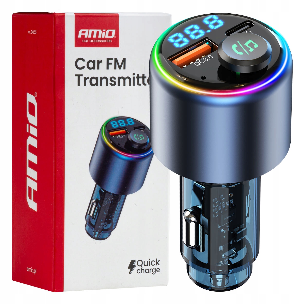 Transmiter samochodowy Fm 1×USB-A 1×USB-C 12V 24V AMIO-04655