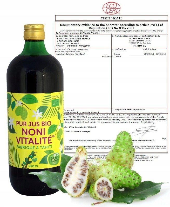 

Sok noni 100% Bio 1l Tahiti Naturel eko certyfikat