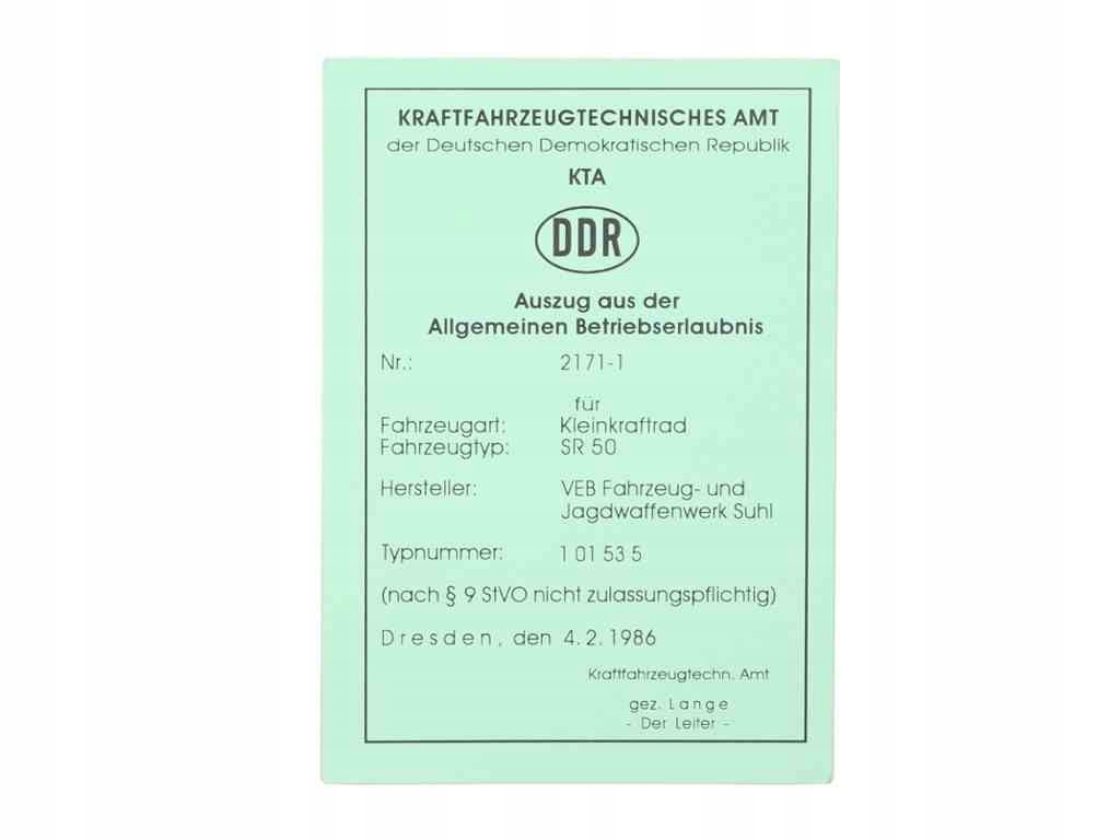 KARTA POJAZDU SIMSON SR50 DE
