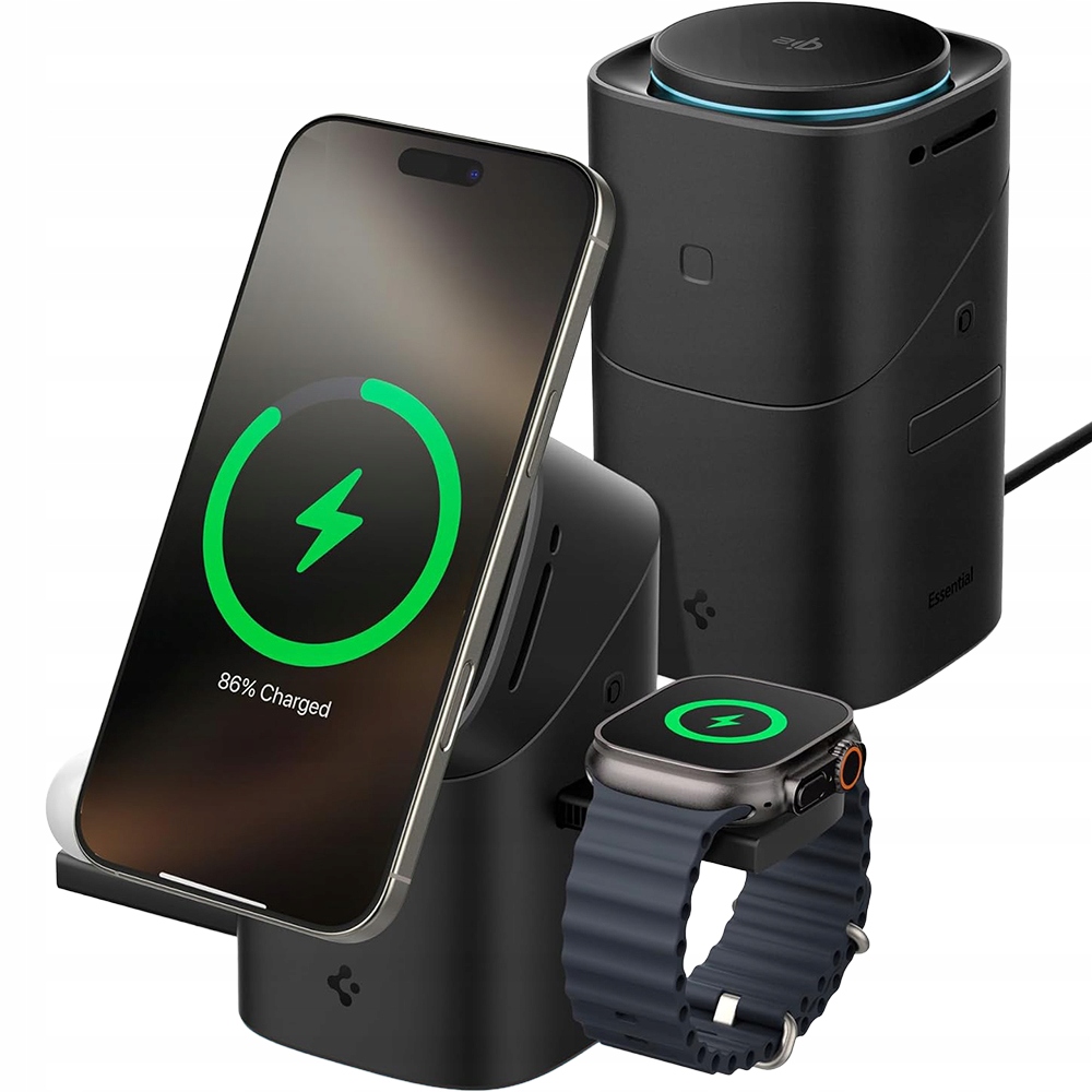 Ładowarka indukcyjna Spigen 3w1 modułowa do zegarka telefonu słuchawek, Qi2