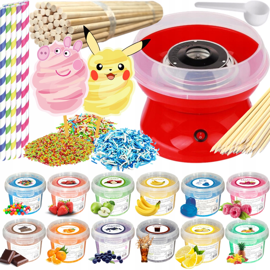 Sada Stroj na cukrovou vatu Cukr 12 x 100 g Kbelík tyčinky posypky