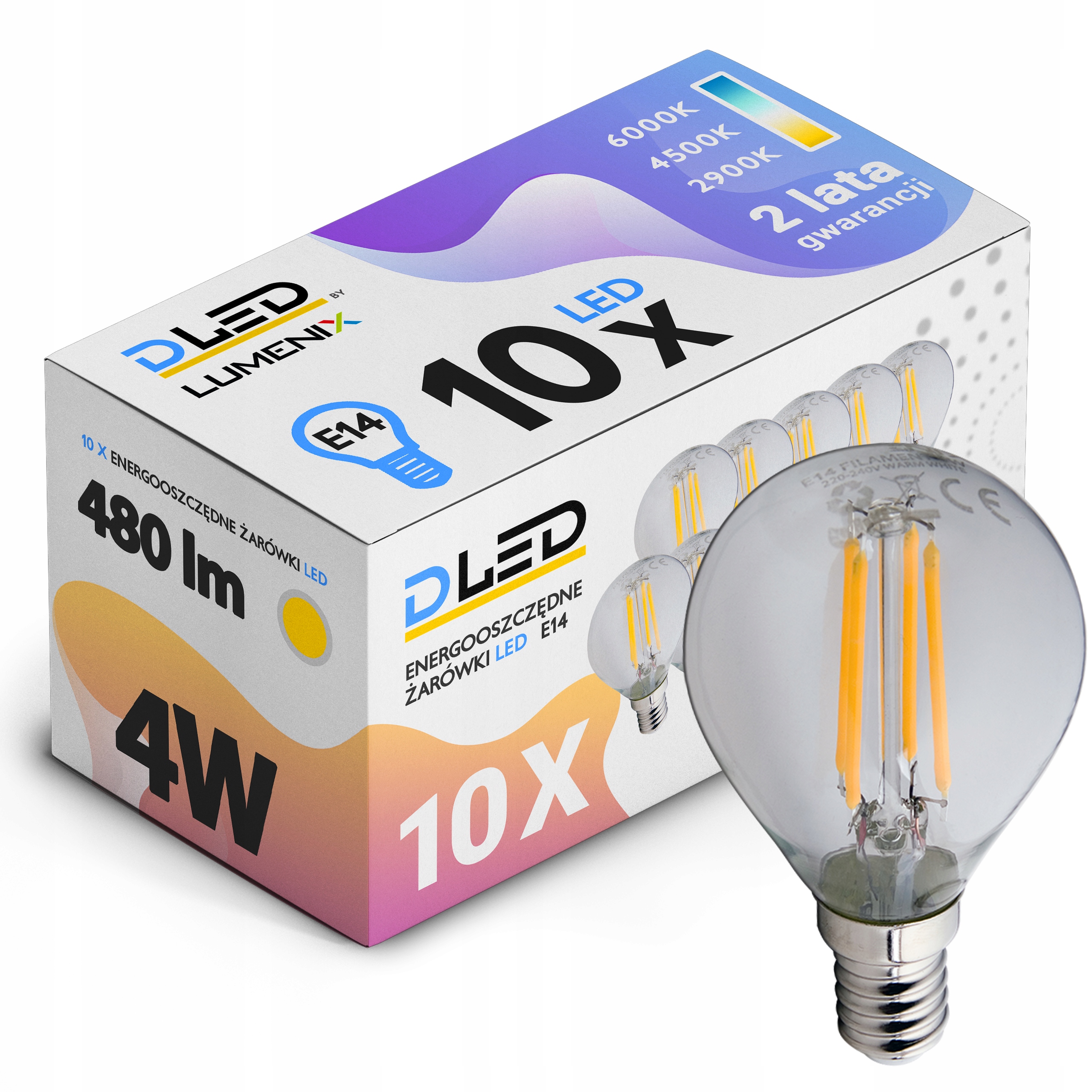 

10x Żarówka E14 Led Filament 4W Ciepła Kula 480lm