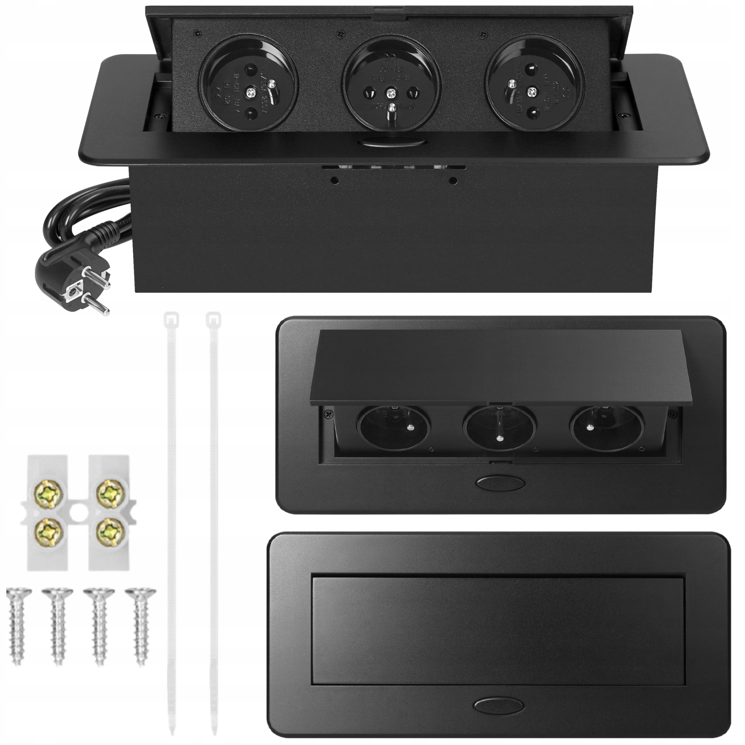 zapuštěná zásuvka schovaná do trojité ocelové desky, černá nábytková zásuvka