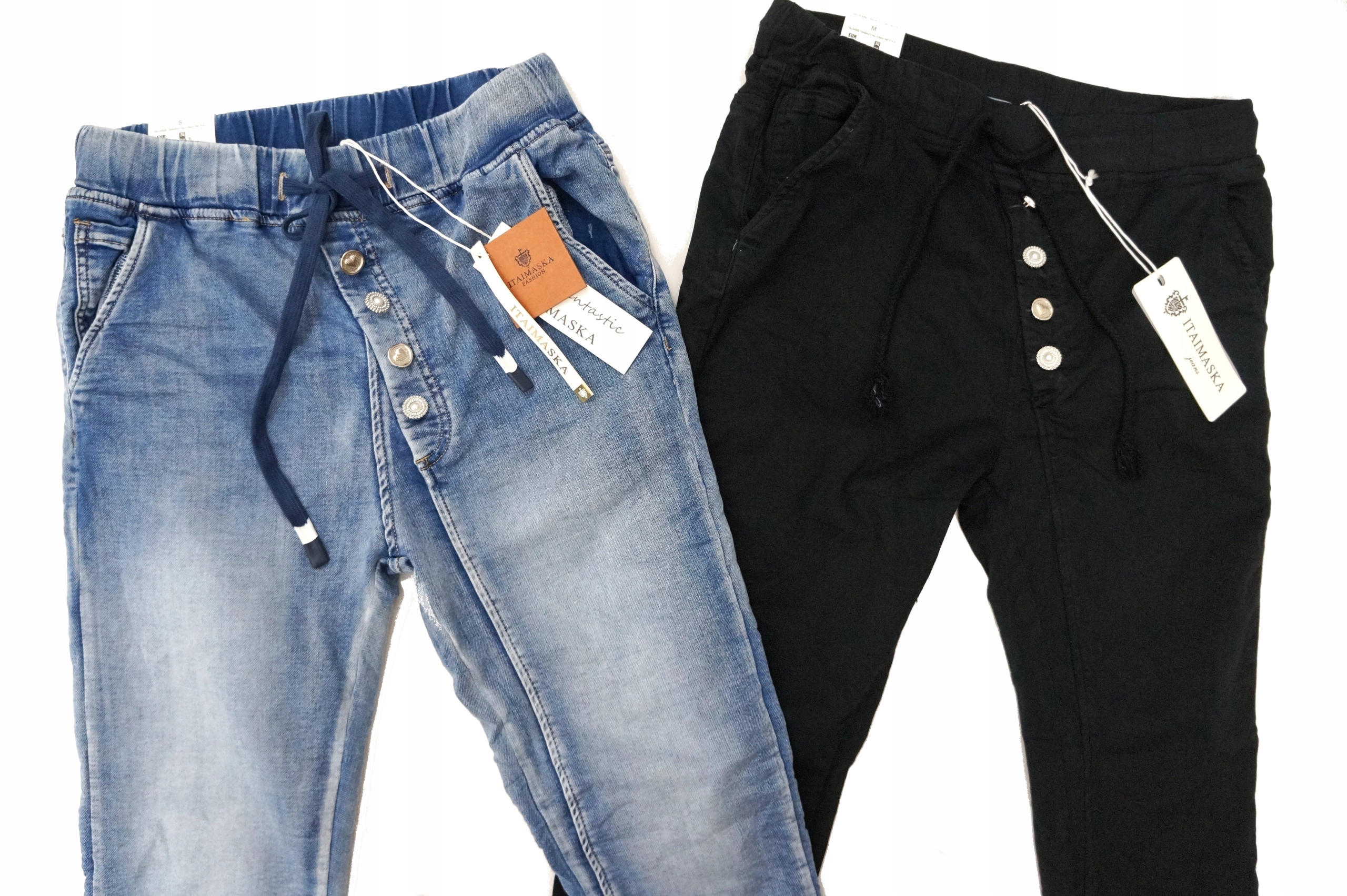 ITAIMASKA DAMSKIE SPODNIE JEANSOWE NA GUMCE W PASIE WIĄZANE WYGODNE Kolor niebieski