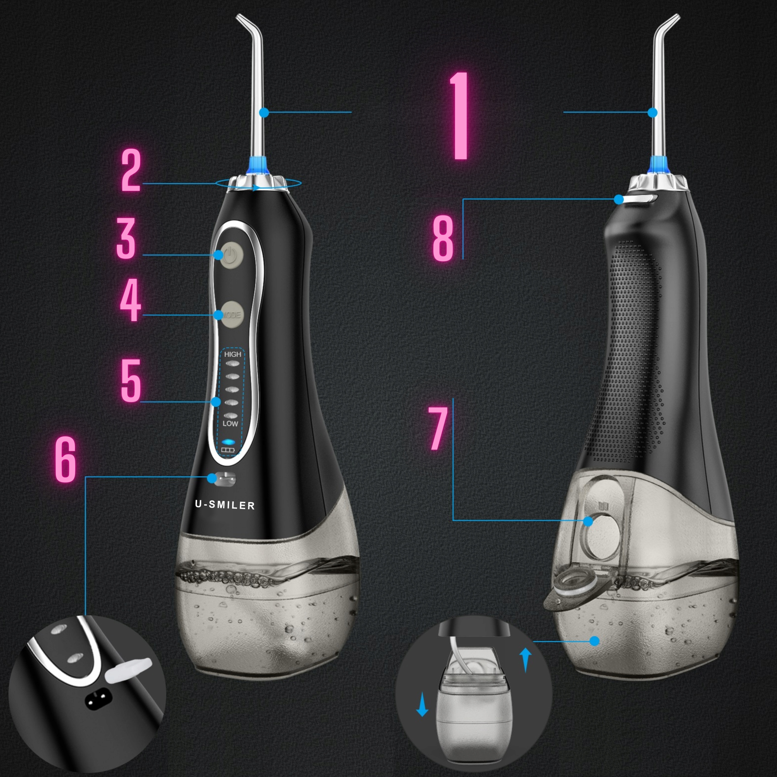 IRYGATOR DO ZĘBÓW DENTYSTYCZNY BEZPRZEWODOWY 8DYSZ Liczba stopni regulacji ciśnienia 5