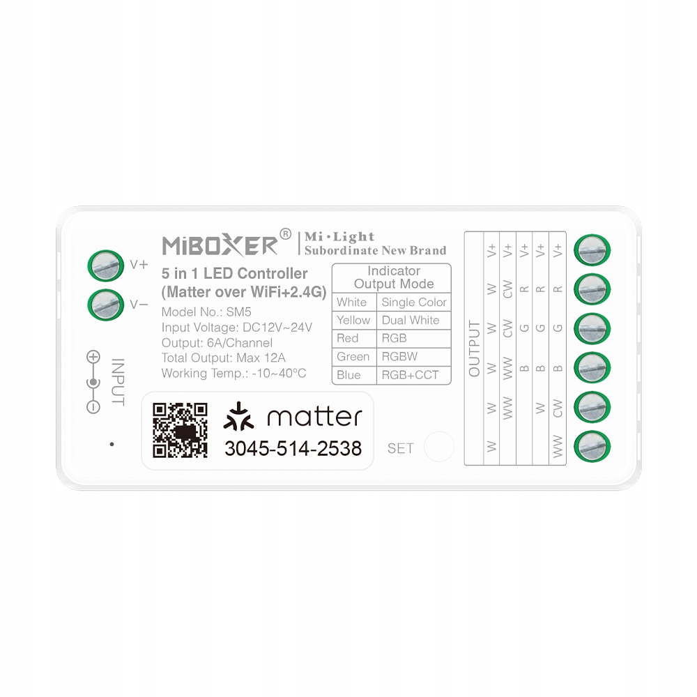 MiBoxer SM5 ovladač Led pásky Matter+ WiFi 5 v 1 Mono,CCT,RGB,RGBW,RGBCCT