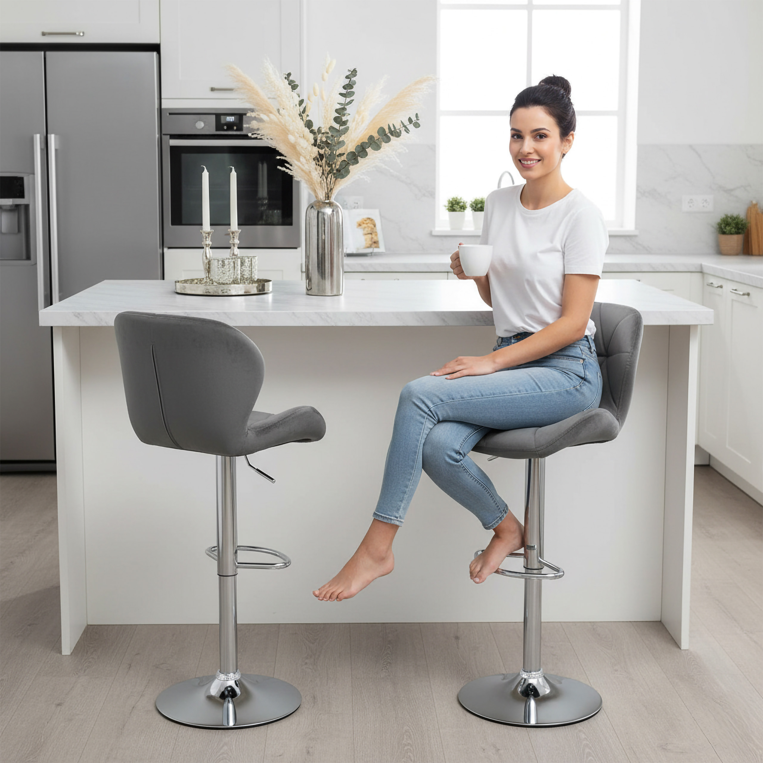 Barová Židle Velurová Barová Židle S Nastavitelným Otočným Grafit