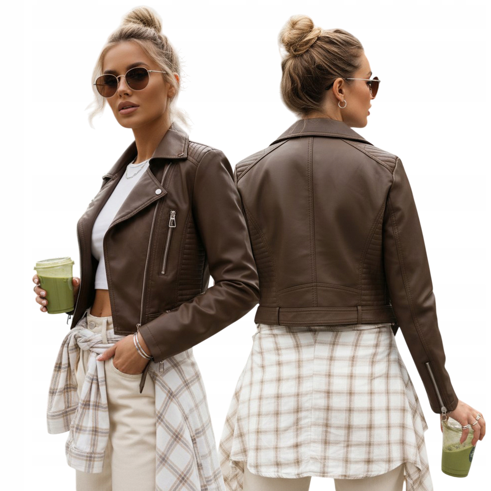 Kurtka damska ramoneska przejsciowa skórzana brązowa TY5537 M