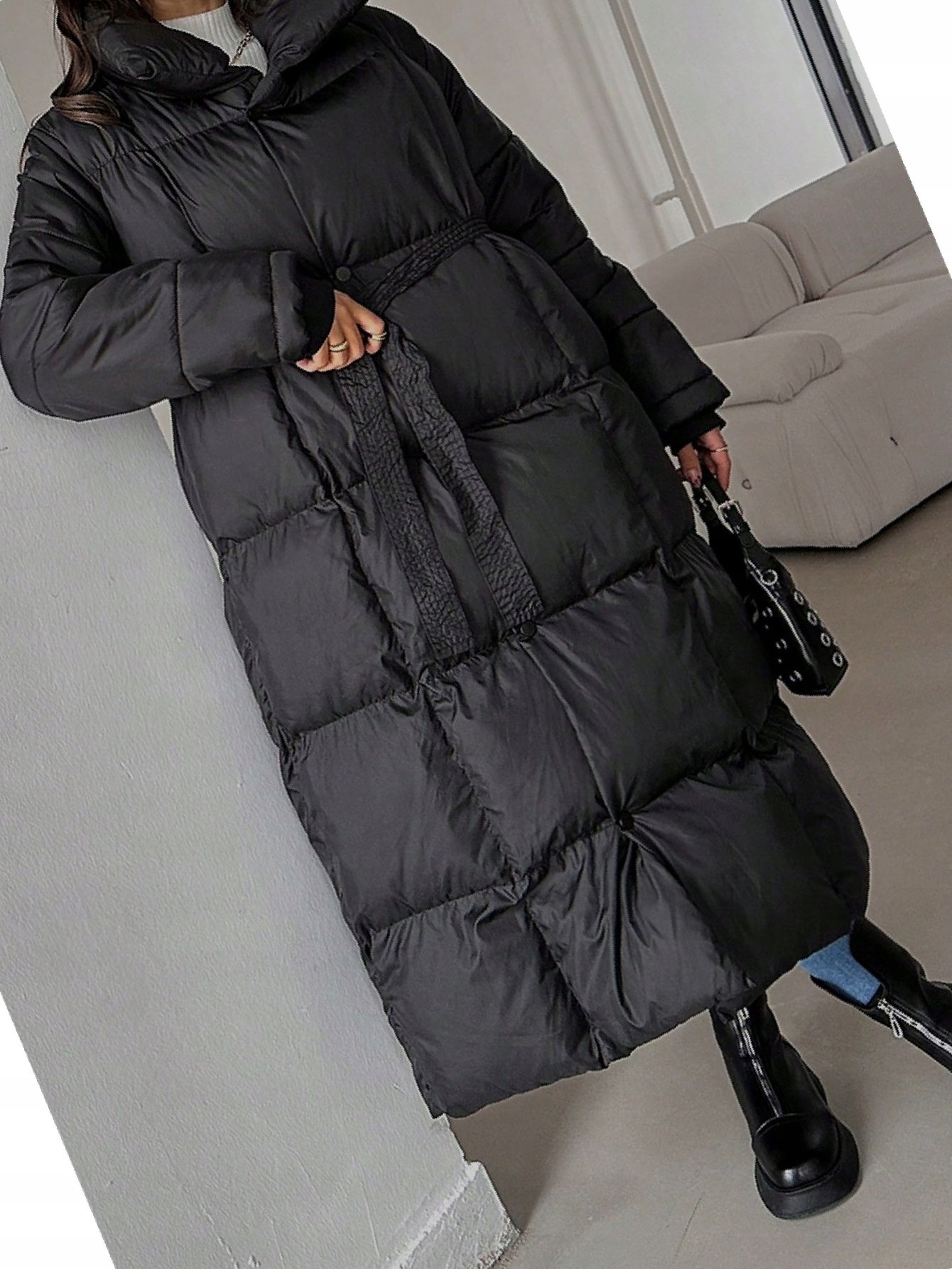 Denní zimní bunda Černá Vatovaná Péřová Prošívaná Kabát XL 42