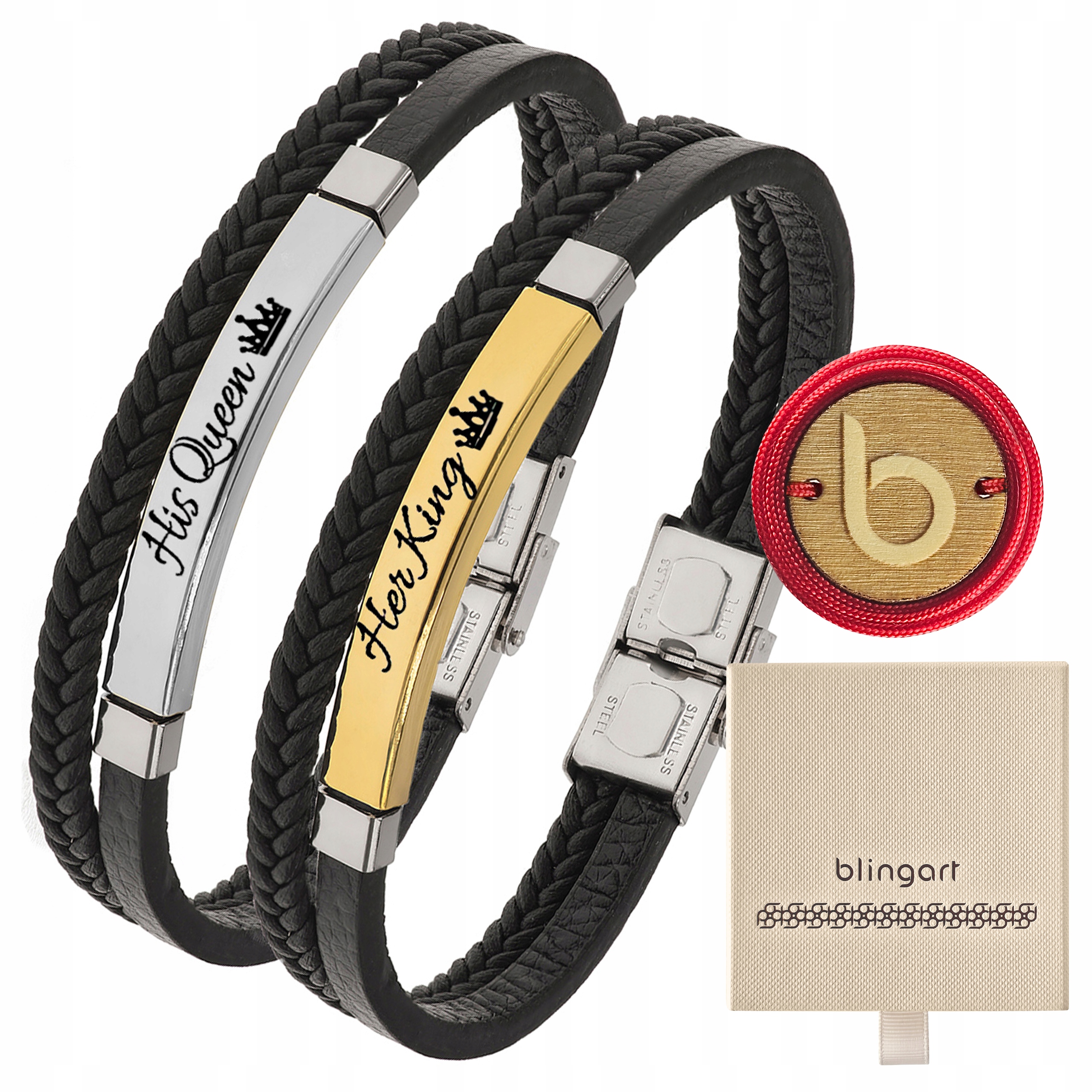 s gravírováním Náramky pro páry, černá kůže, nastavitelné, ocel Blingart