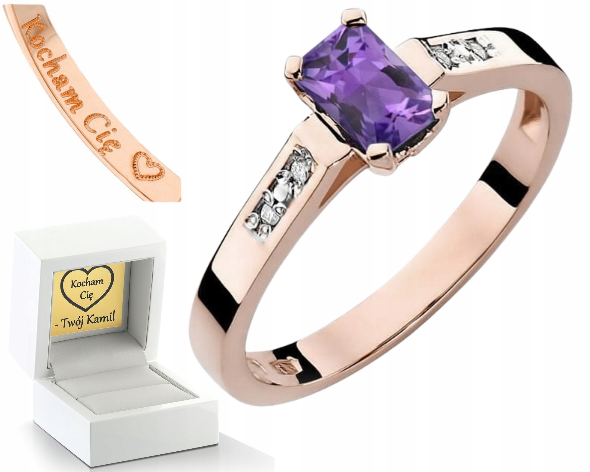 Růžový Zlatý Prstýnek S Ametystem A Diamanty 585 14K Zlato Dárek