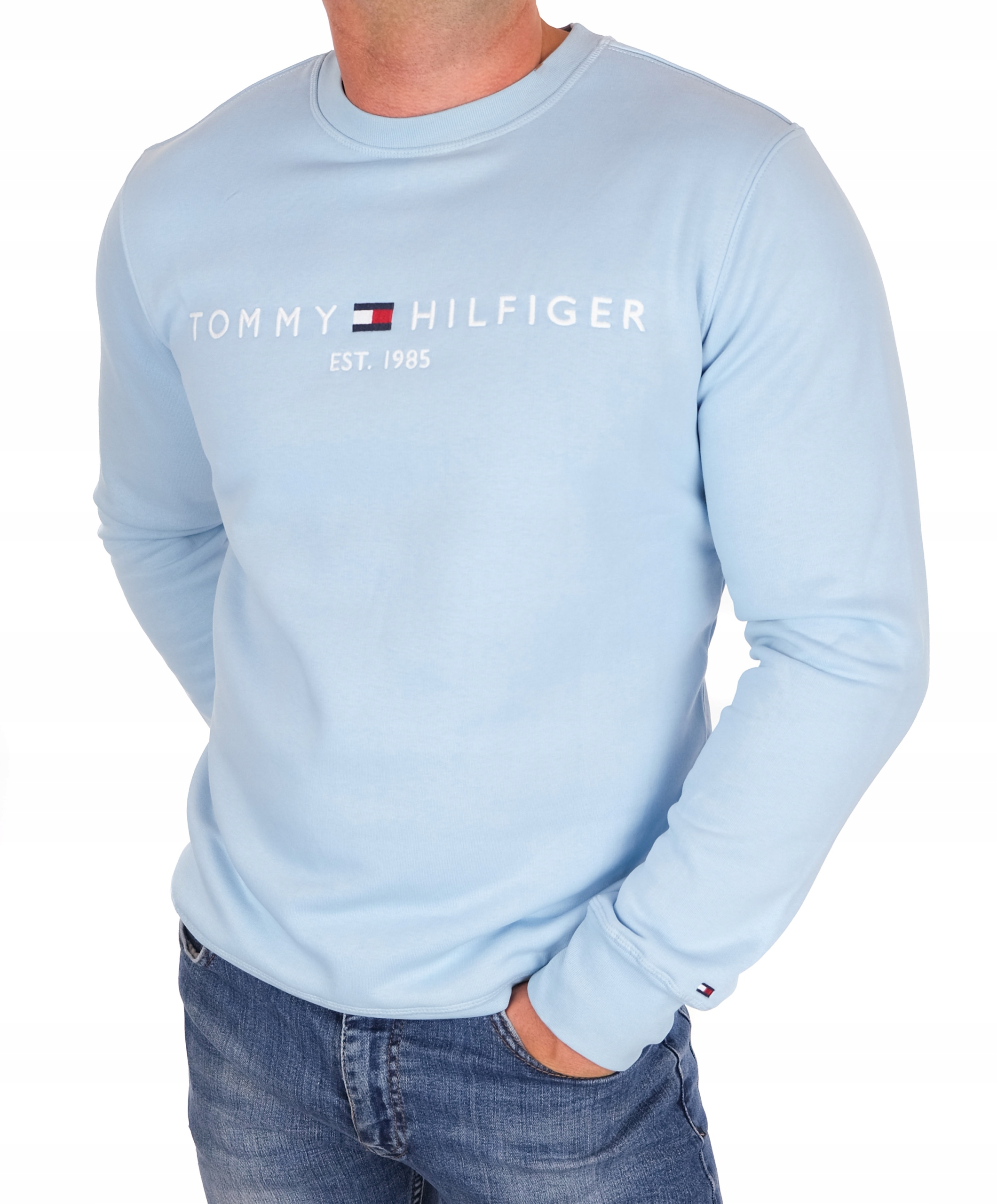 Bluza Tommy Hilfiger Męska Duże Haftowane Logo Klasyczna Błękitna Roz. XXL