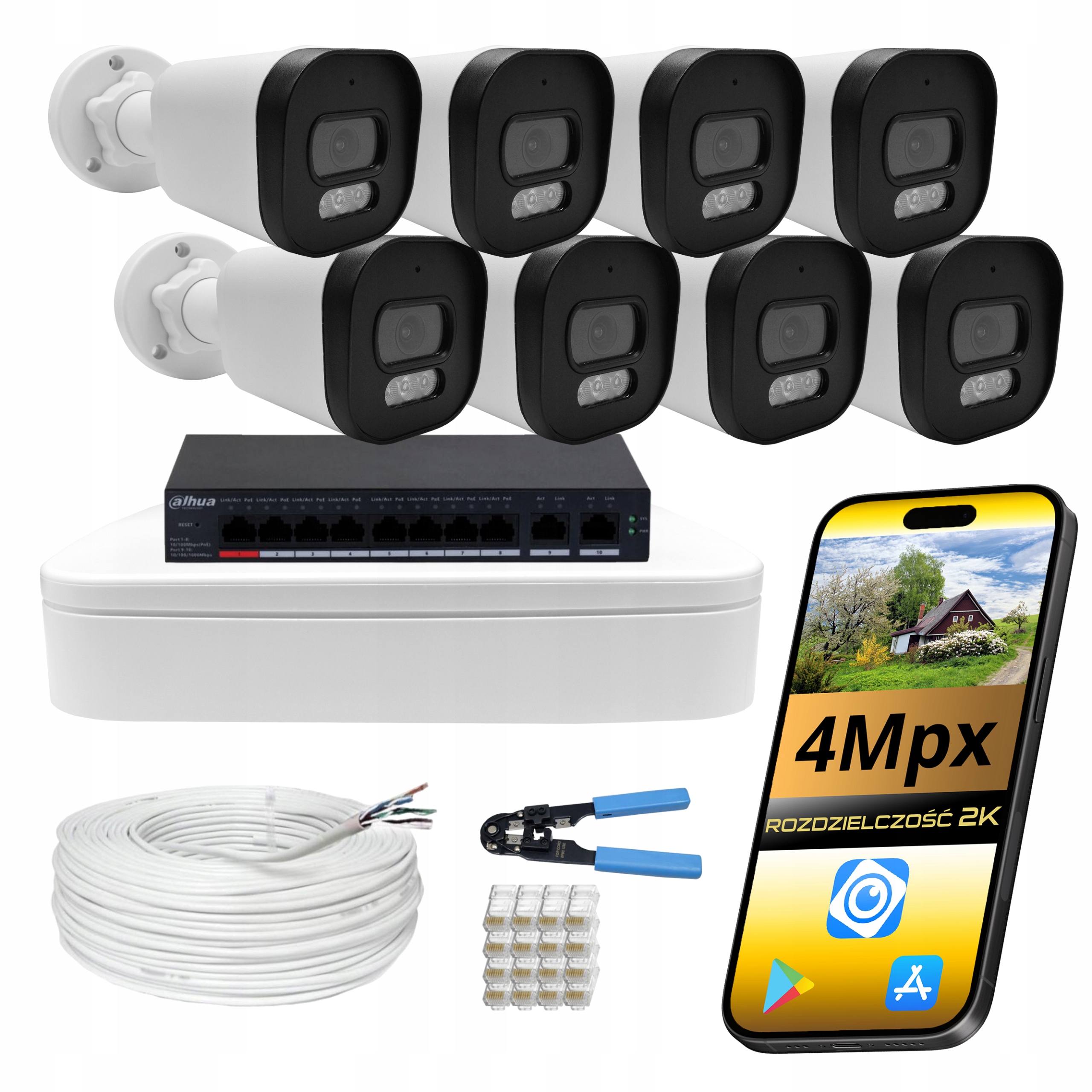 Sada kamer Dahua 8 kusů Ip PoE 4Mpx venkovní Dual Light monitorování