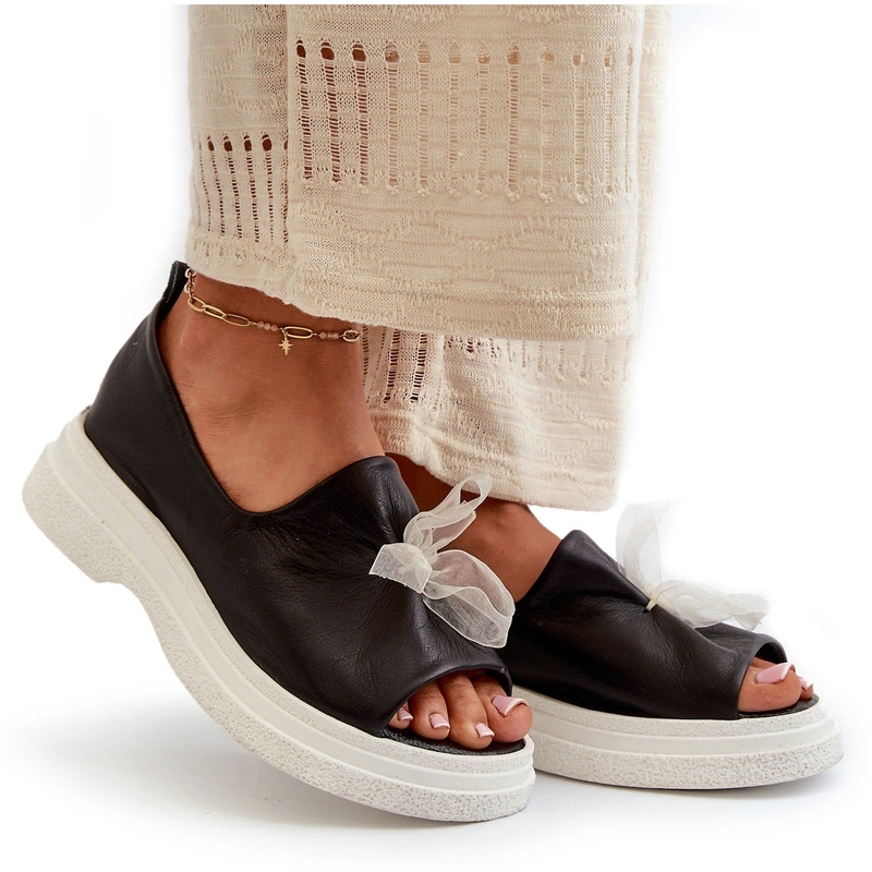 Zazoo 2939 Dámské Kožené Sandály S Mašličkou, Nazouvací, Černé, Velikost 39