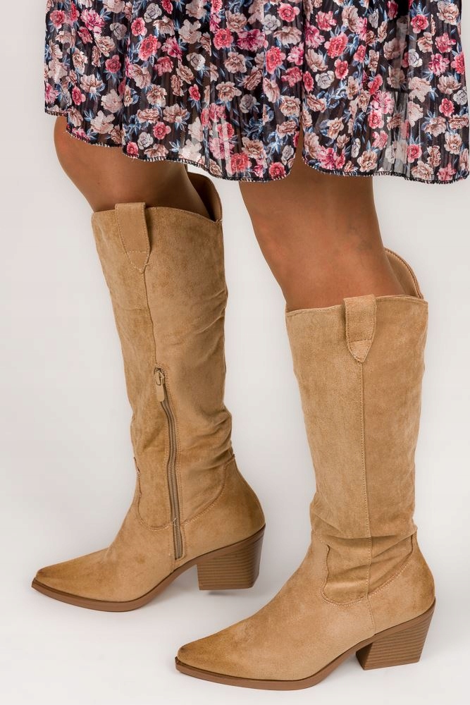 Jasné Dámské Kovbojské Boty Před Koleno Na Zip Eko Zateplené Semiš 36