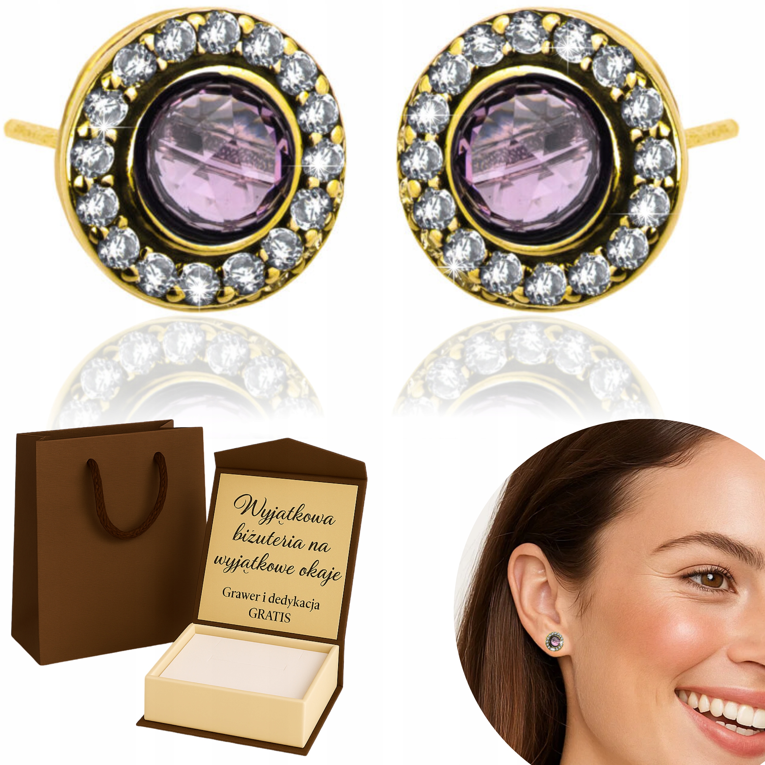 Zlaté Náušnice Dámské Kulaté Kruhy S Růžovou Zirkonií 585/ 925 Gravírování