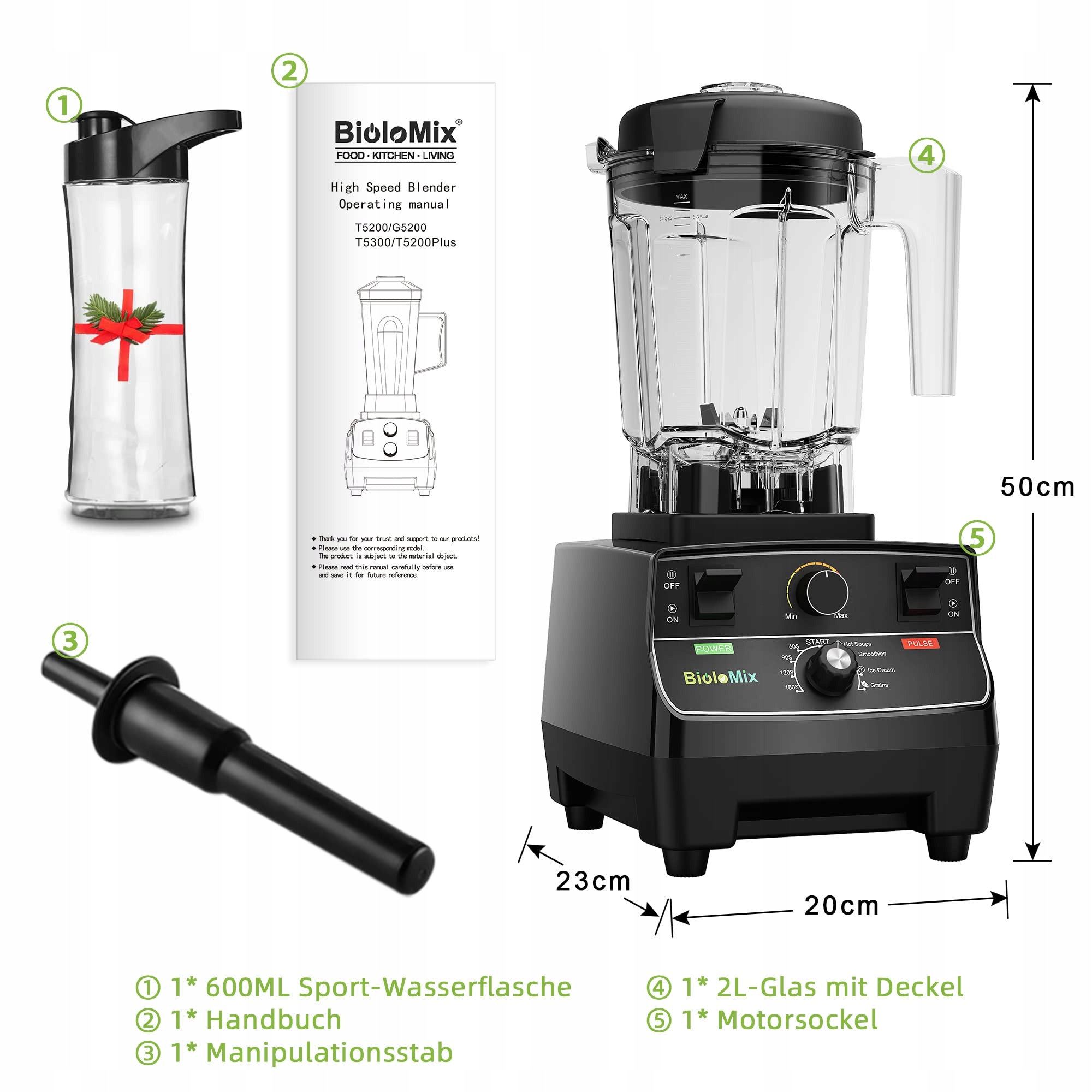 BIOLOMIX Blender Wysokiej Mocy 2200W 2L i 600ml BPA Free Samoczyszczący — miniatura 5