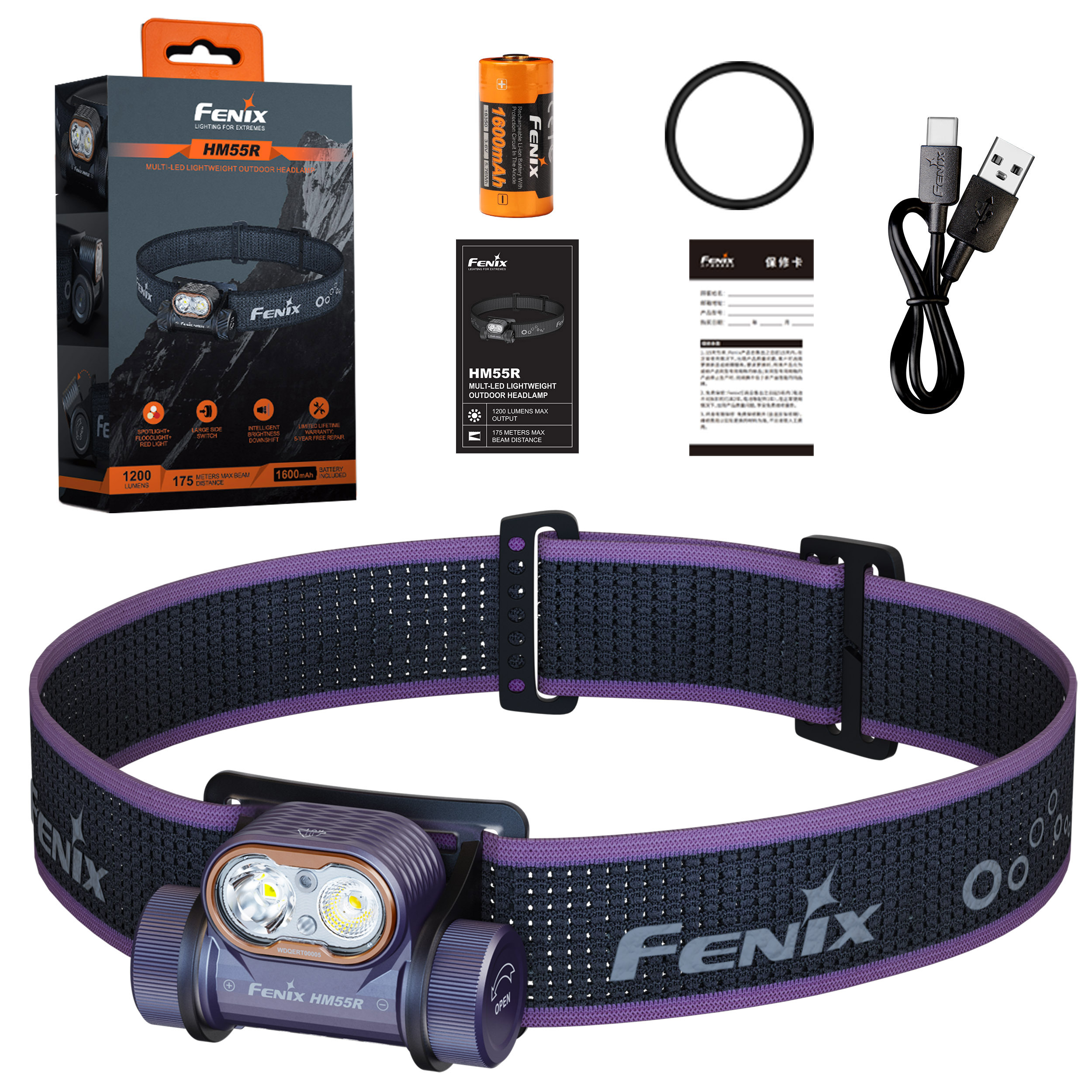 Latarka czołowa Fenix HM55R ciemnofioletowa 1200 lm 175m Led biały czerwony