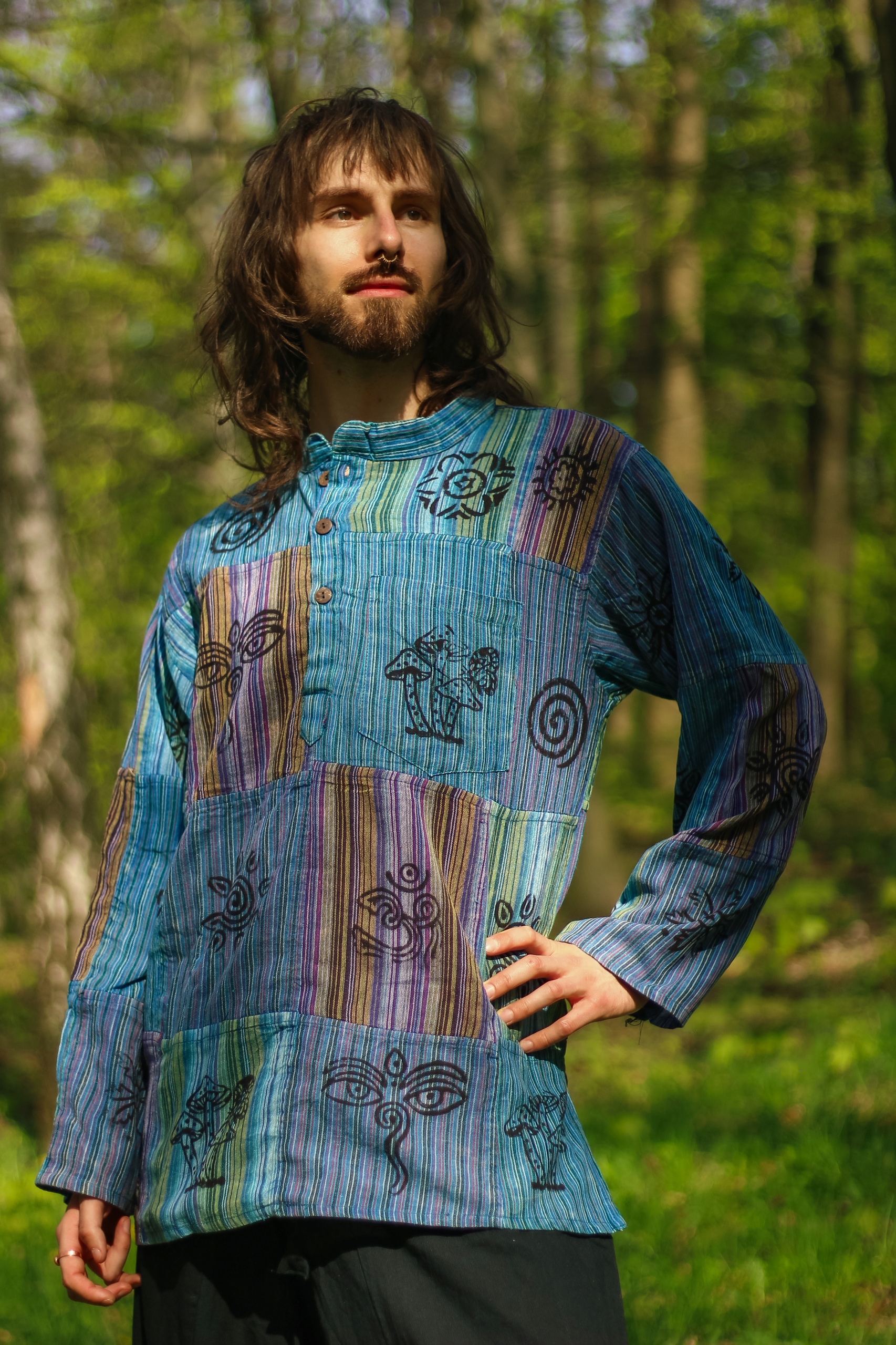 Nepálská bavlněná košile s dlouhým rukávem Patchwork modrá M