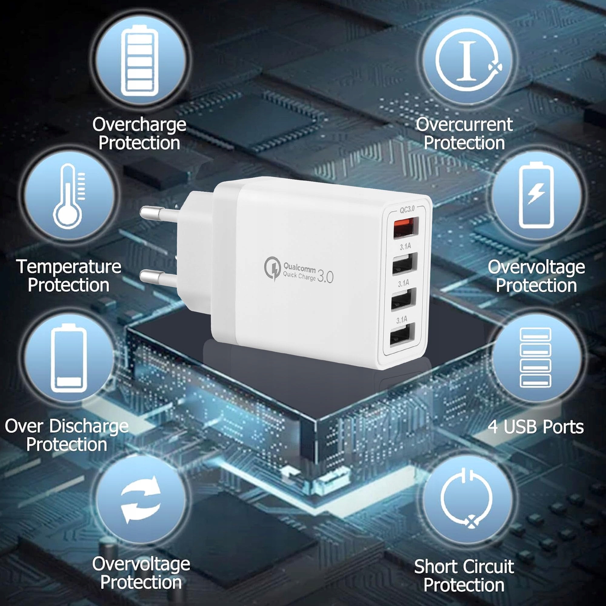 Mijun Zestaw 2 Ładowarek USB 4-Portowy Adapter QC 3.0 33W do iPhone Android — miniatura 8