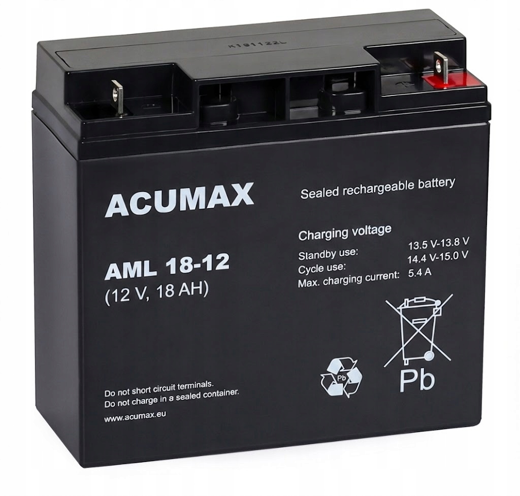 Szczelny akumulator Acumax 12V 18Ah AML18-12 do central alarmu i automatyki