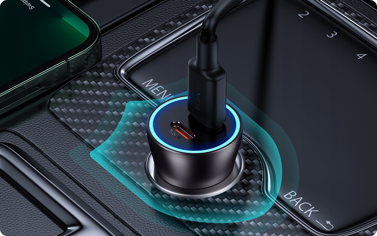 BASEUS SZYBKA ŁADOWARKA SAMOCHODOWA USB TYP C USB-C 40W BEZPIECZNA LED Długość przewodu 1 m