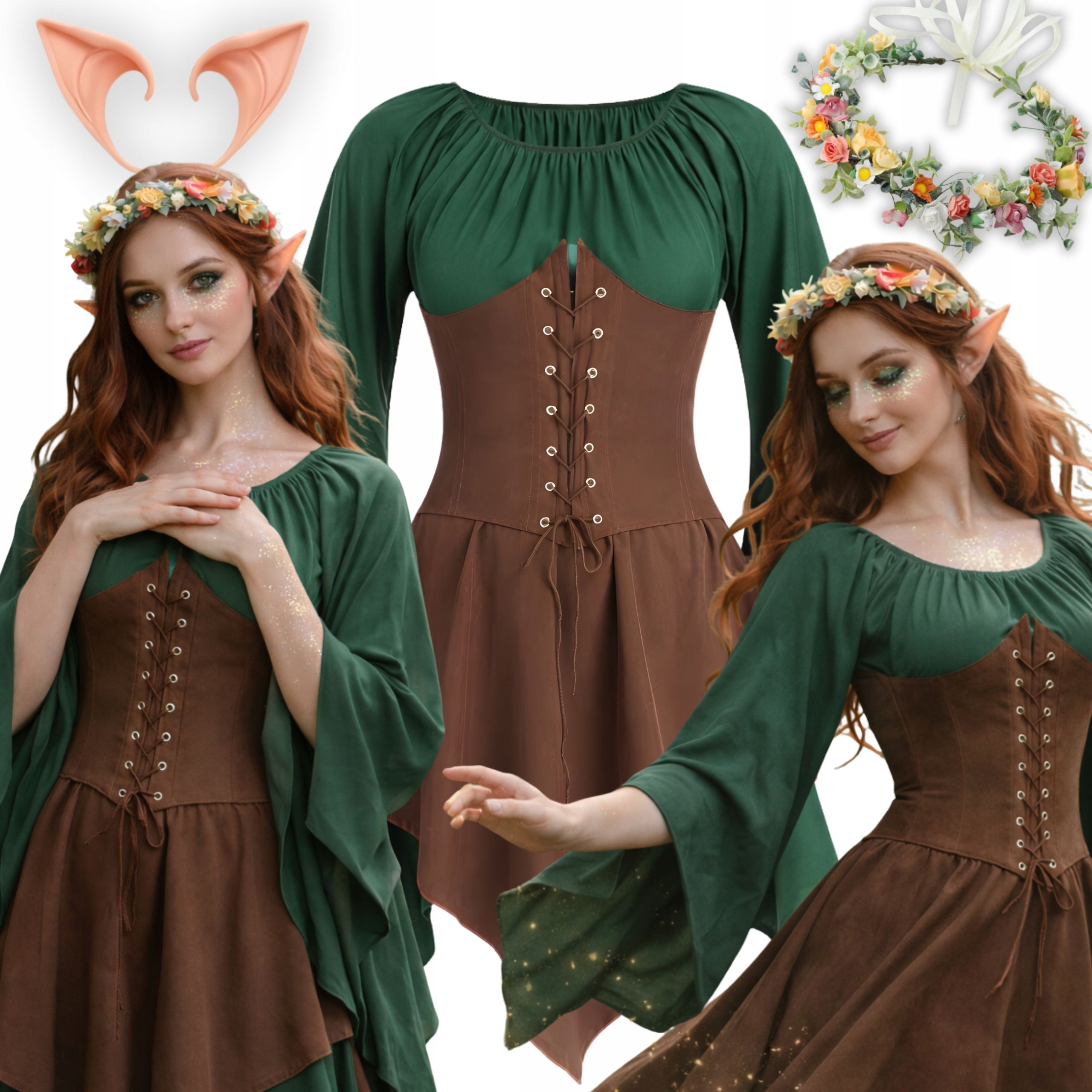 Kostým Skřítek Víly Šaty Lesní Skřítek Elf Uši Věnec Cosplay Xs/s