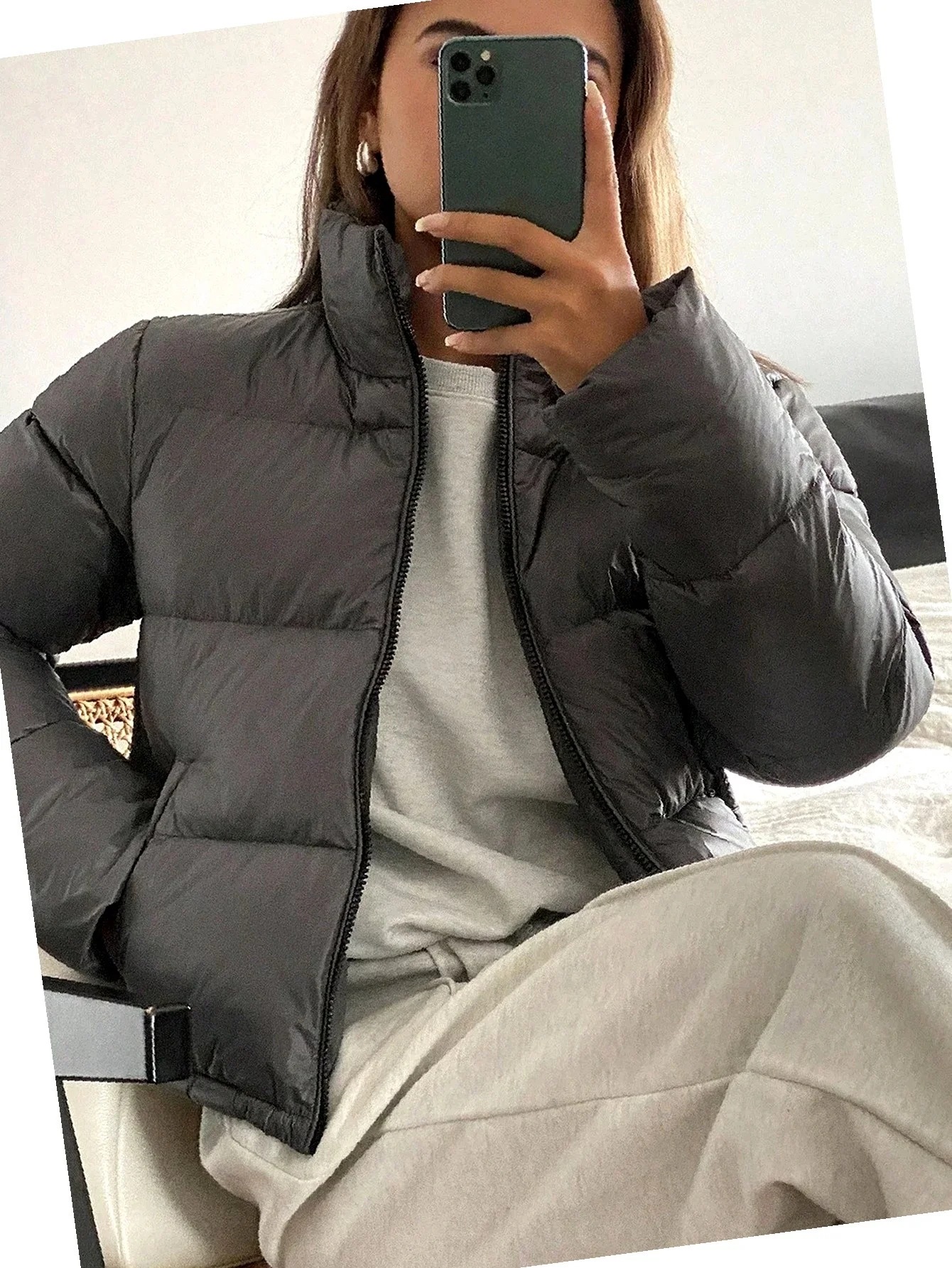 Dámská bunda s péřovým zipem Šedá Krátká Prošívaná Teplá Xs 34