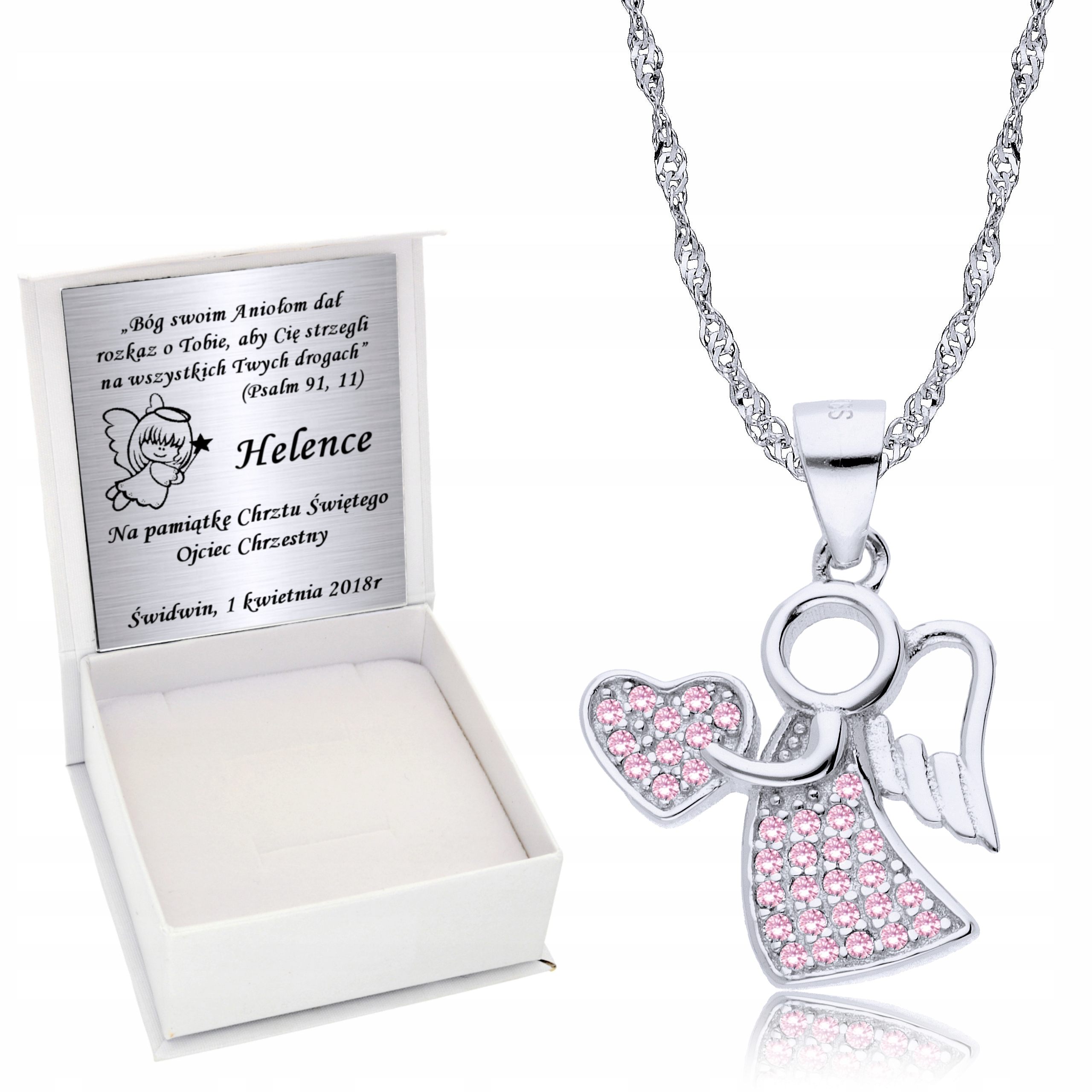 Srebrny Łańcuszek 925 Medalik Aniołek Grawer