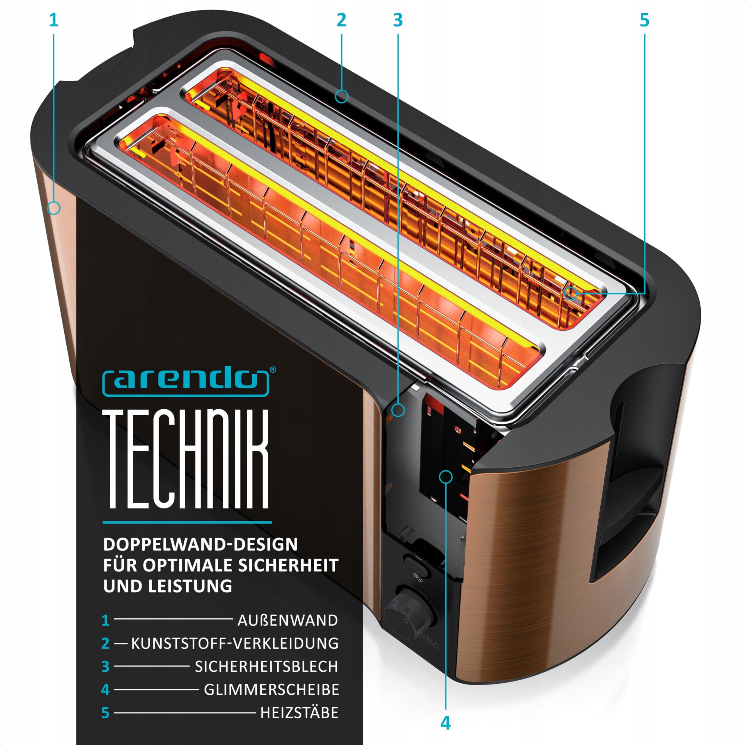 ARENDO Toster Długi 4 Kromki, Rozmrażanie, 1500W, Miedziany — miniatura 3