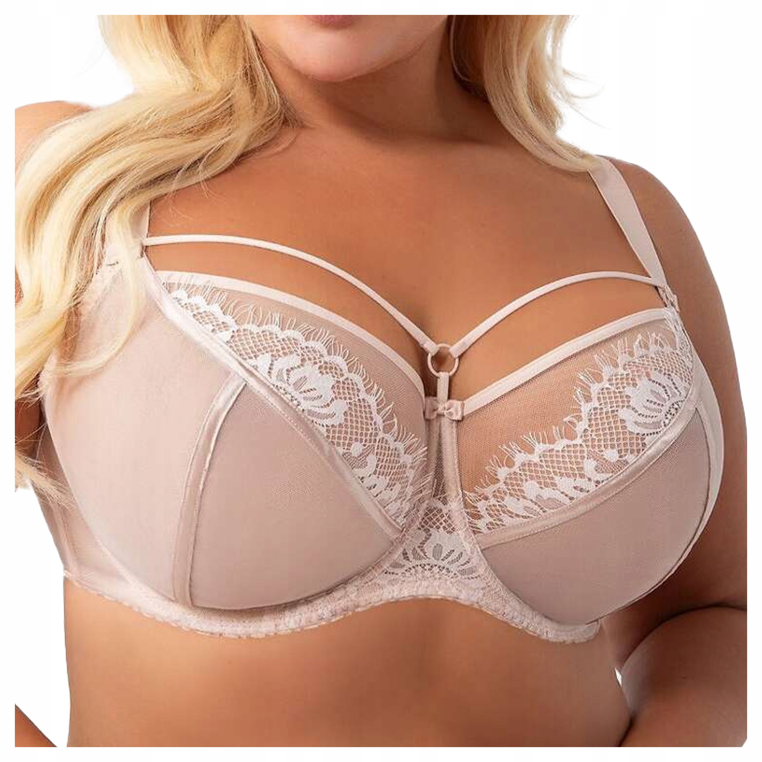 Smyslná měkká podprsenka s širokými ramínky, ozdobné proužky, béžová, velikost 80L