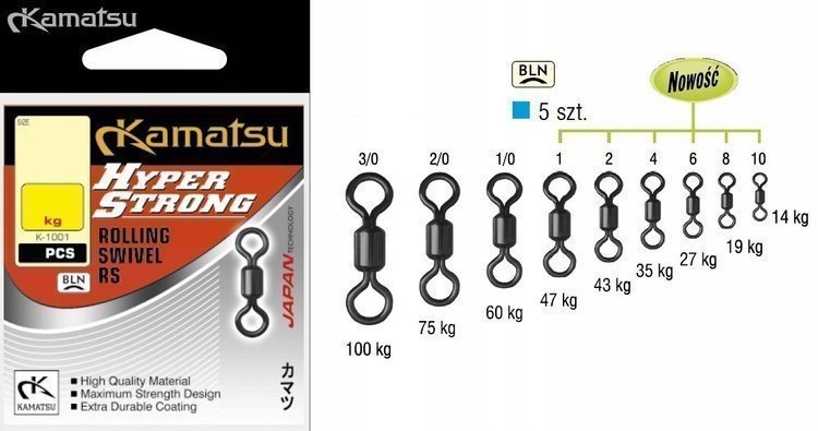 Krętlik Hyper Strong Rolling Swivel K-1001 6-27kg op.5szt Kamatsu