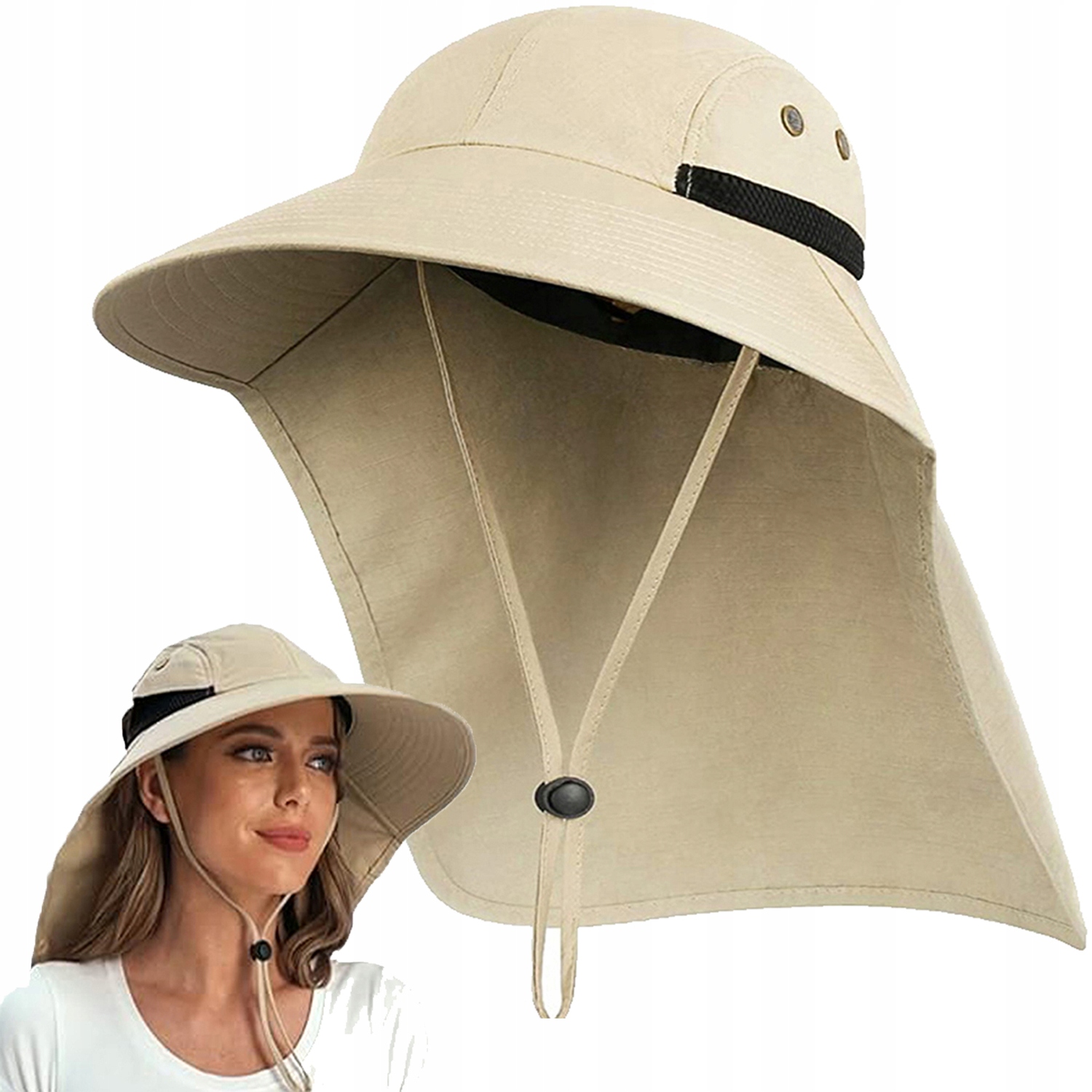 CZAPKA WĘDKARSKA ANTY-UV Z OSŁONĄ NA KARK, KAPELUSZ SZEROKIM RONDEM BEŻOWY Model KAPELUSZ ANTY-UV