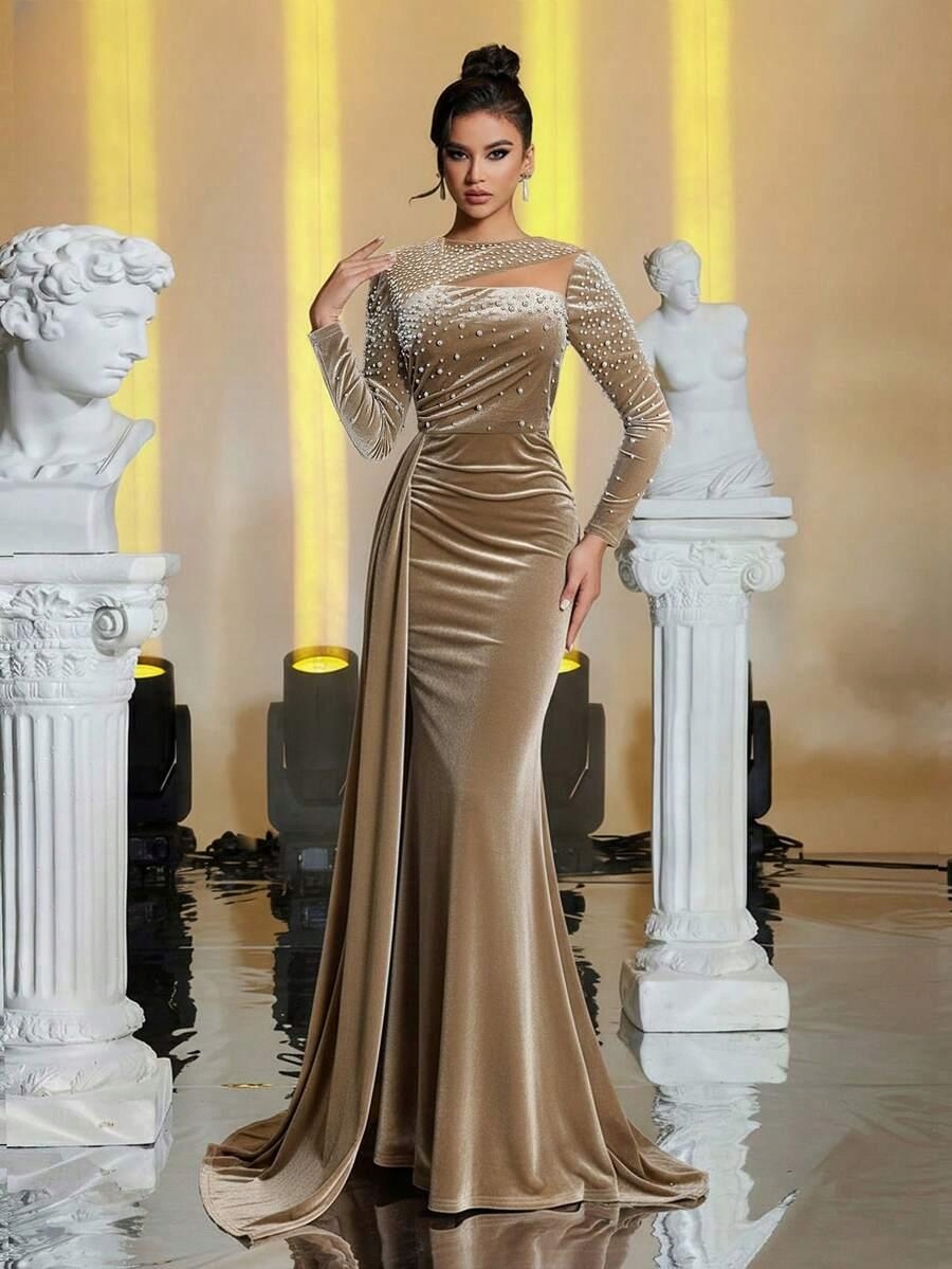 Glamrae Béžová Maxi Šaty Zdobení Q63 S06__S