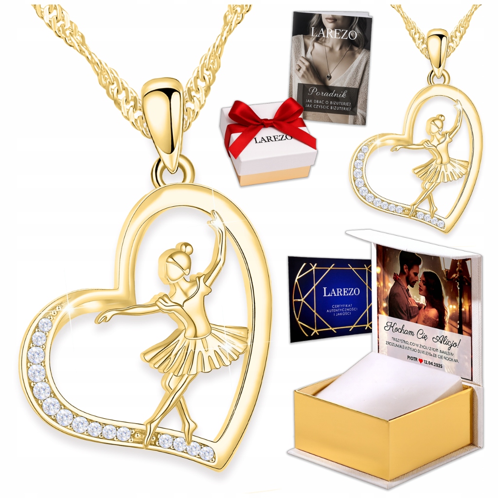 Złoty Naszyjnik 925 Kobieta Baletnica Tancerka Serce z Cyrkoniami Nadruk