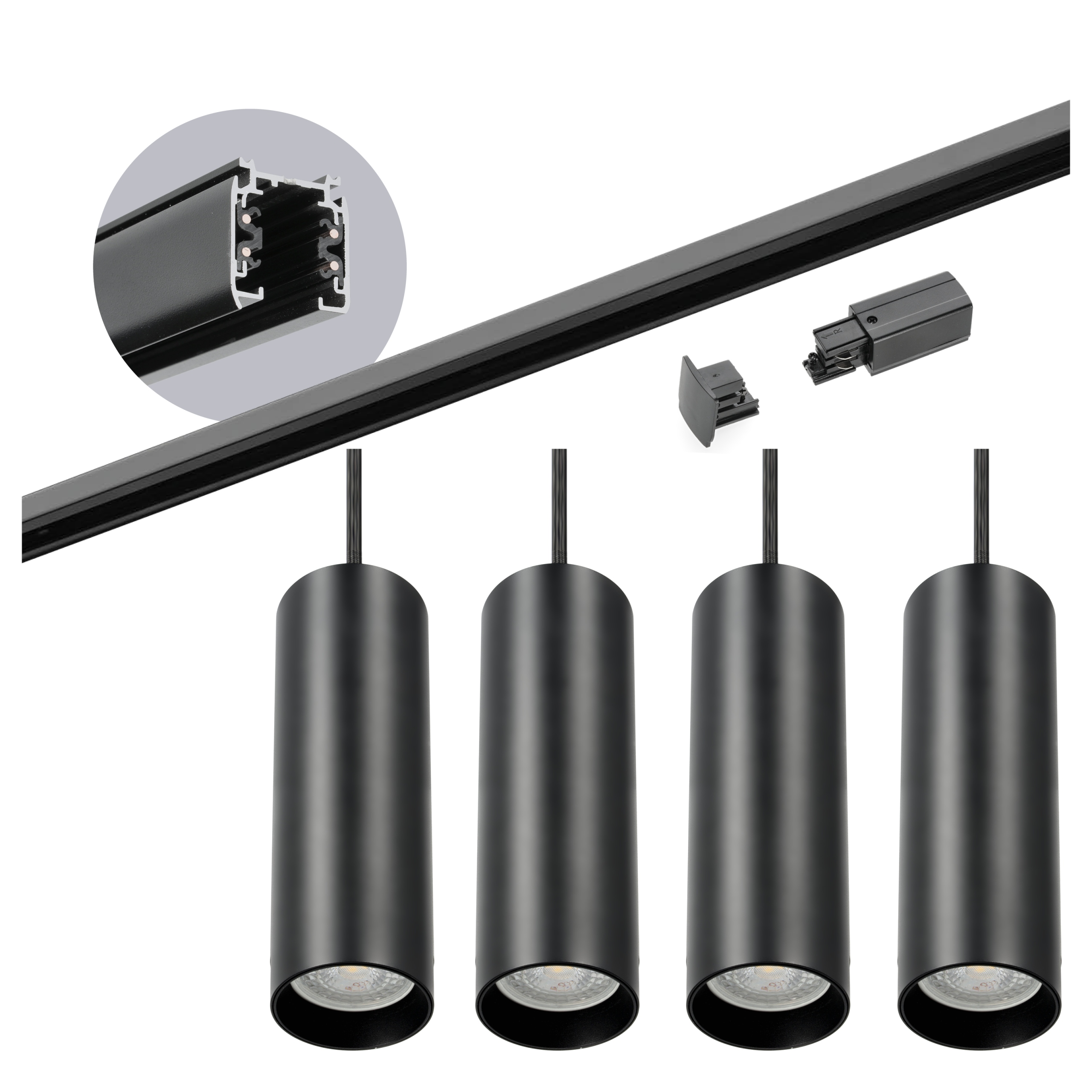 Sada kolejnic 3 fázový kolejnice 2m, 4x Závěsné svítidlo Černá kompletní sada